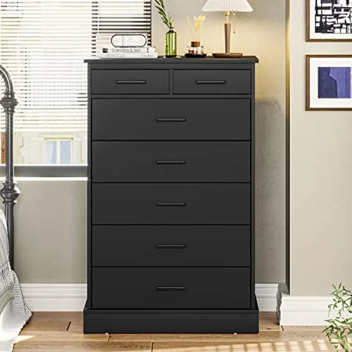 xrboomlife Tall Dresser with 7 Drawers for Bedroom Tower Clothes Organizer White Chest of Sturdy Pedestal 27.6'' W x 15.8'' D 44.1'' H Black