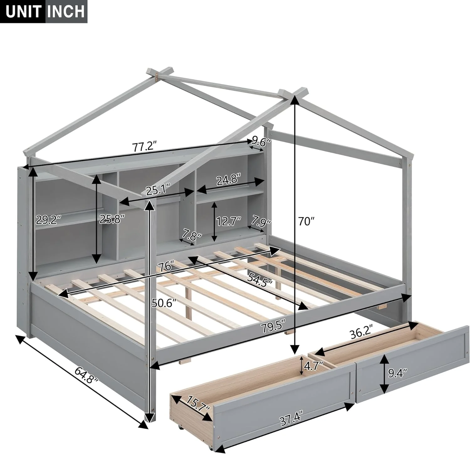 Full Size House Bed With 2 Storage Drawers And Shelves, Wood Full Playhouse Bed, Full Montessori Bed Frame, Canopy Bed For Kids, Girls & Boys(Brushed Gray), HZG-GX000434AAE