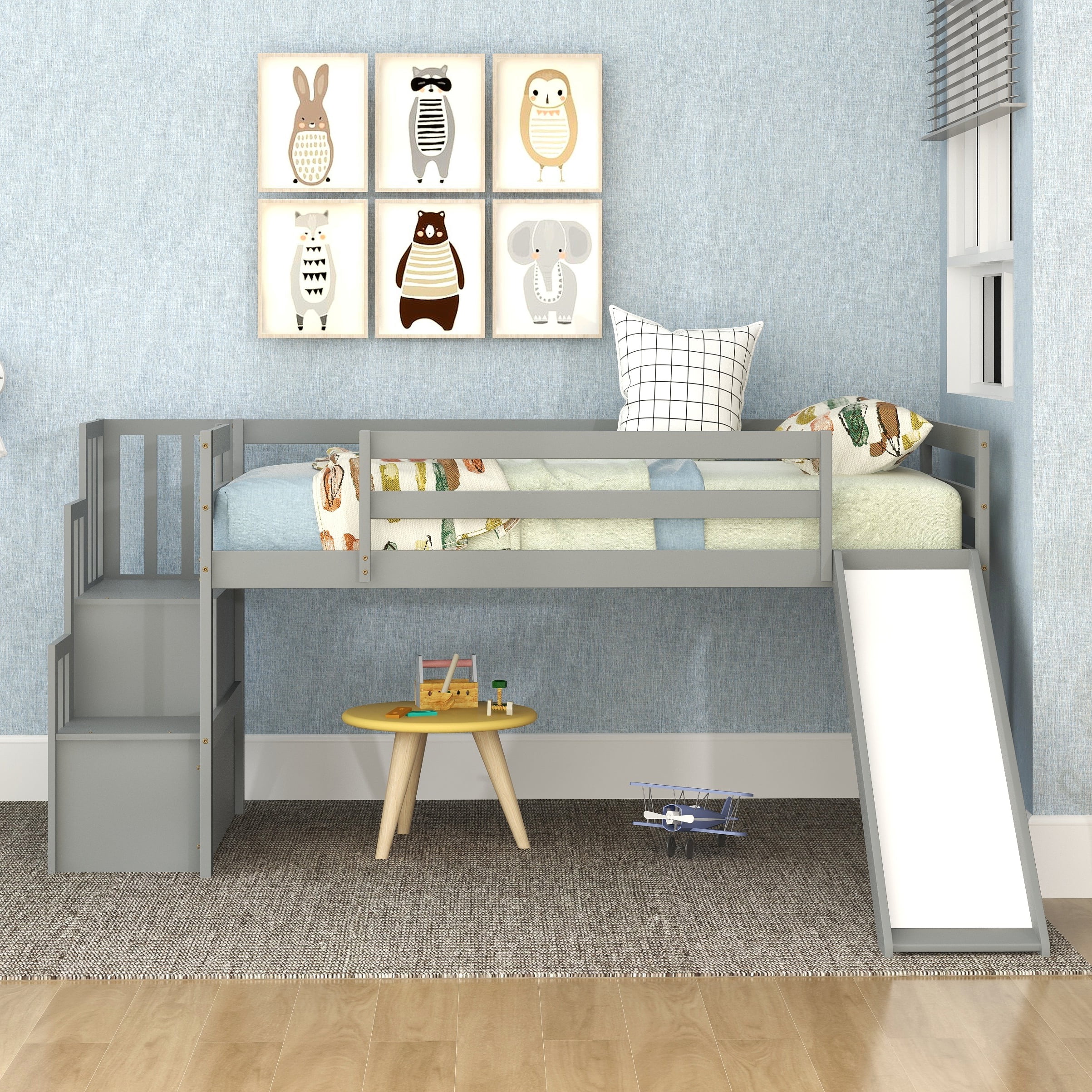 Bellemave Loft Bed with Slide and Stairs, Solid Wood Low Profile Twin Size Bed Frame with Storage Shelves for Kids (Gray)