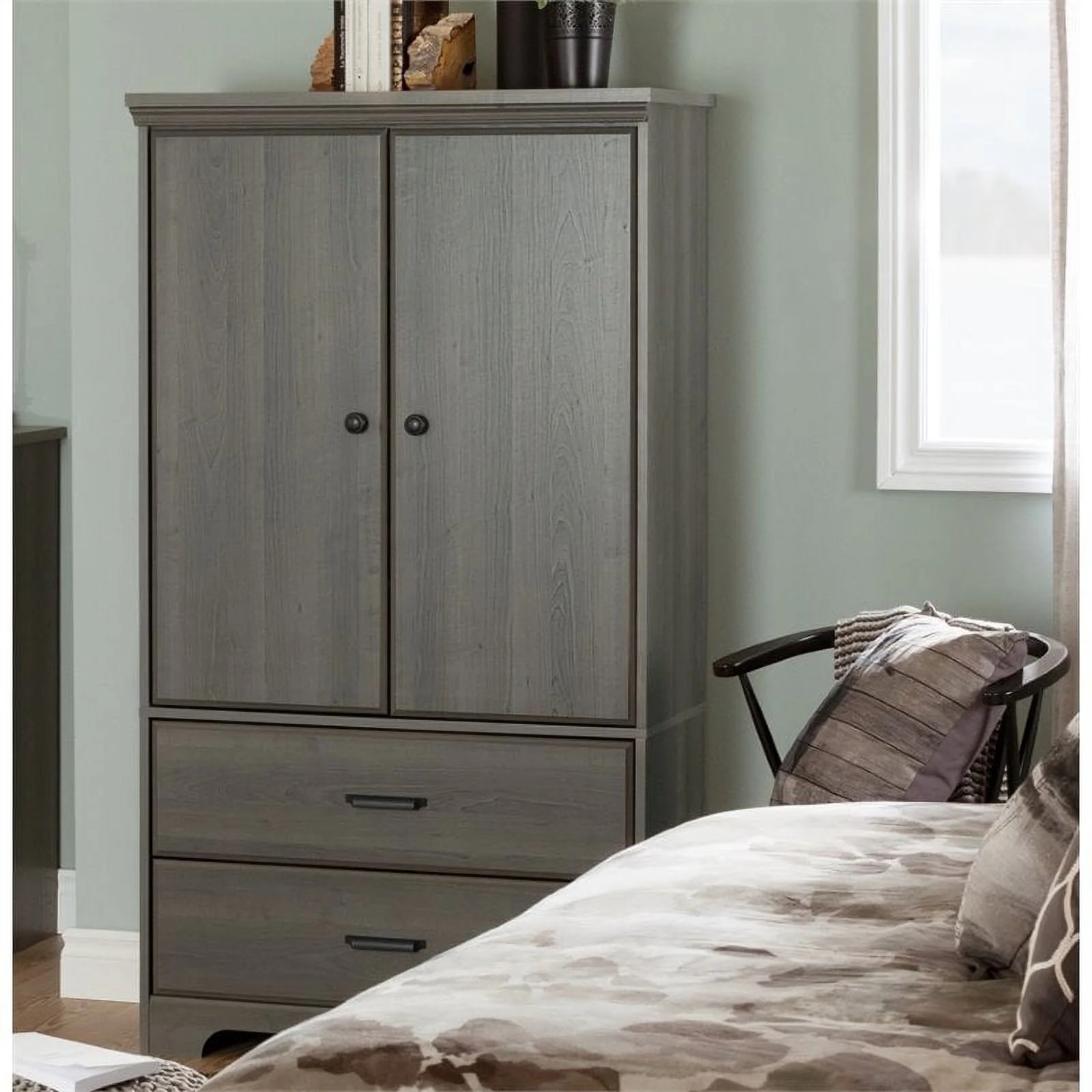 Pemberly Row Contemporary 2 Drawer Armoire in Gray Maple