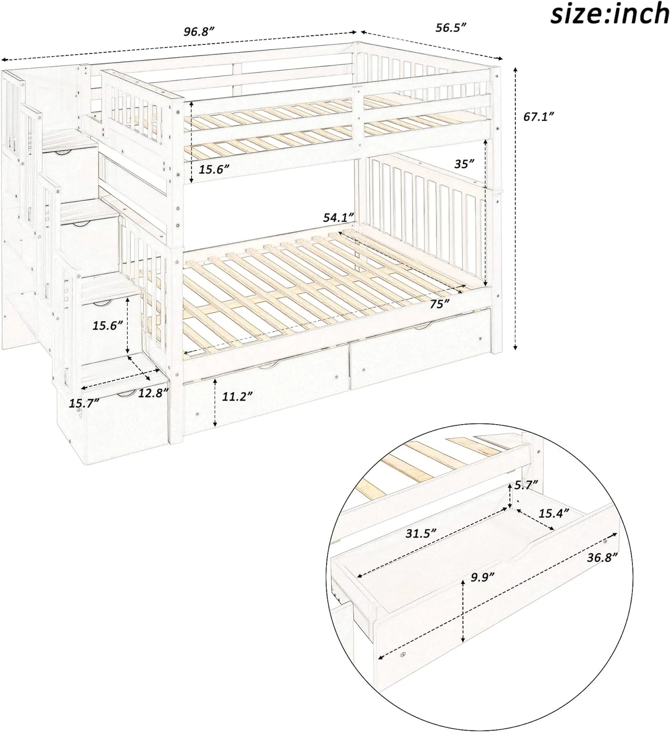 Full Over Full Bunk Beds With Storage Drawers And Stairway, Wood Bunk Bed Frame, Convertible Bunk Bed For Kids, Teens, Bedroom, Guest Room Furniture (White)