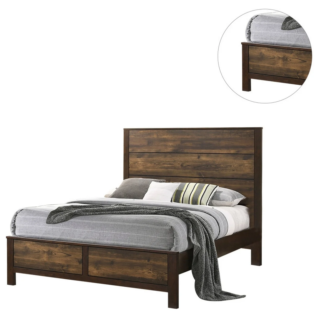 Roki Platform Queen Size Bed with Panel Design Rustic Dark Brown Finish- Saltoro Sherpi