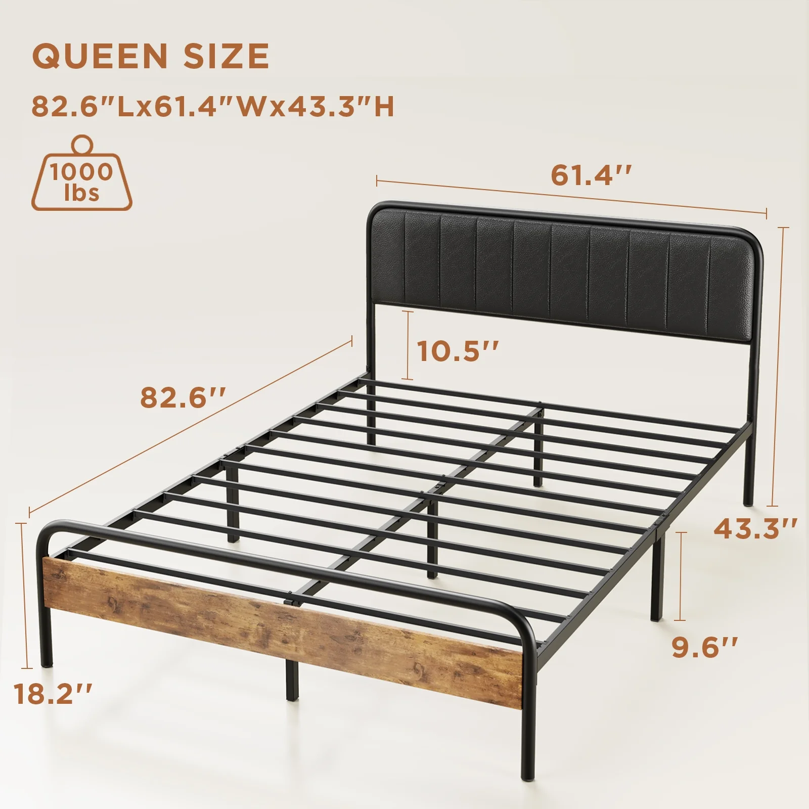 Lofka Queen Bed Frame with Upholstered Headboard and Wooden Footboard with Metal Slats, Black Finish