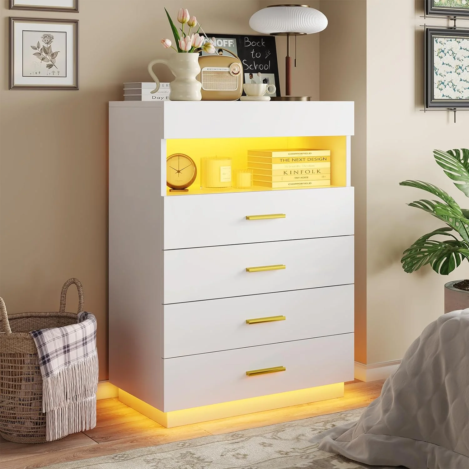 White Dresser with LED Lights, Tall Dresser with Pull Out Tray, Chest of Drawers