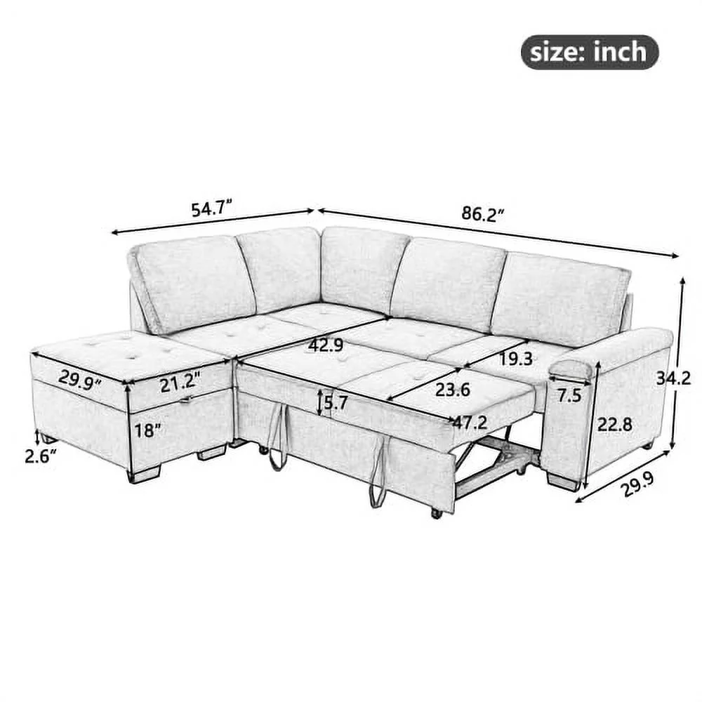 Churanty Sectional L Shape Corner Sofa Convertible Sleeper Combination Couch with Storage Footrest and Hidden Arms Pull Out Sheet for Living Room Apartme,Black