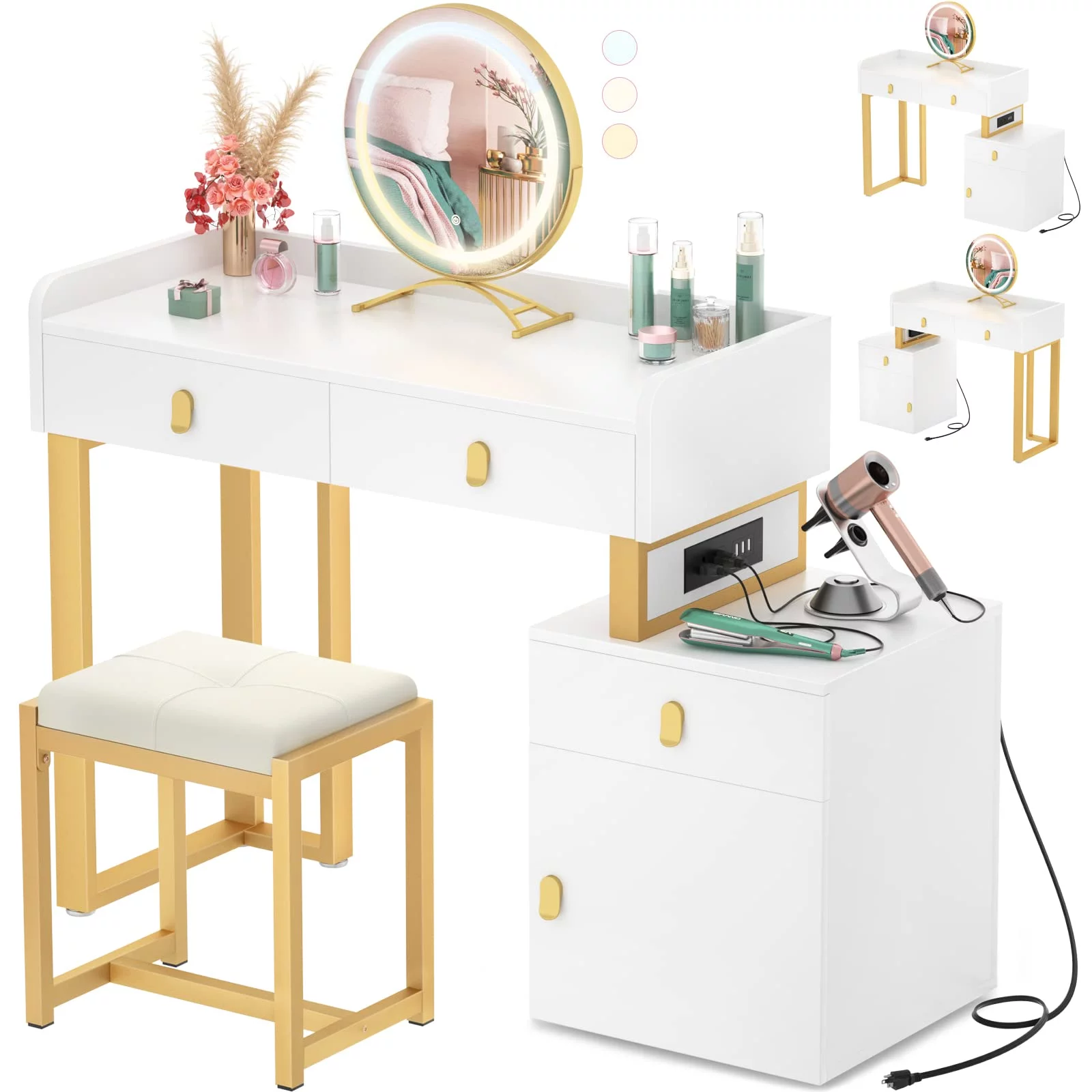 Homieasy Vanity Desk with LED Lighted Mirror & Power Outlets, 44'' Reversible Makeup Desk with Drawers & Storage, Vanity Table Set with Soft Stool, Dressing Table for Bed Room, White