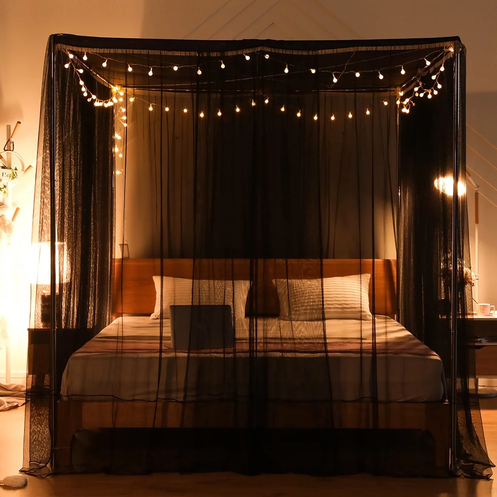 Mosquito Net For Bed 4 Corner Bed Canopy Easy Home Princess Bed Canopy Curtain For Girl Beds Kids Bedroom,Black,California King
