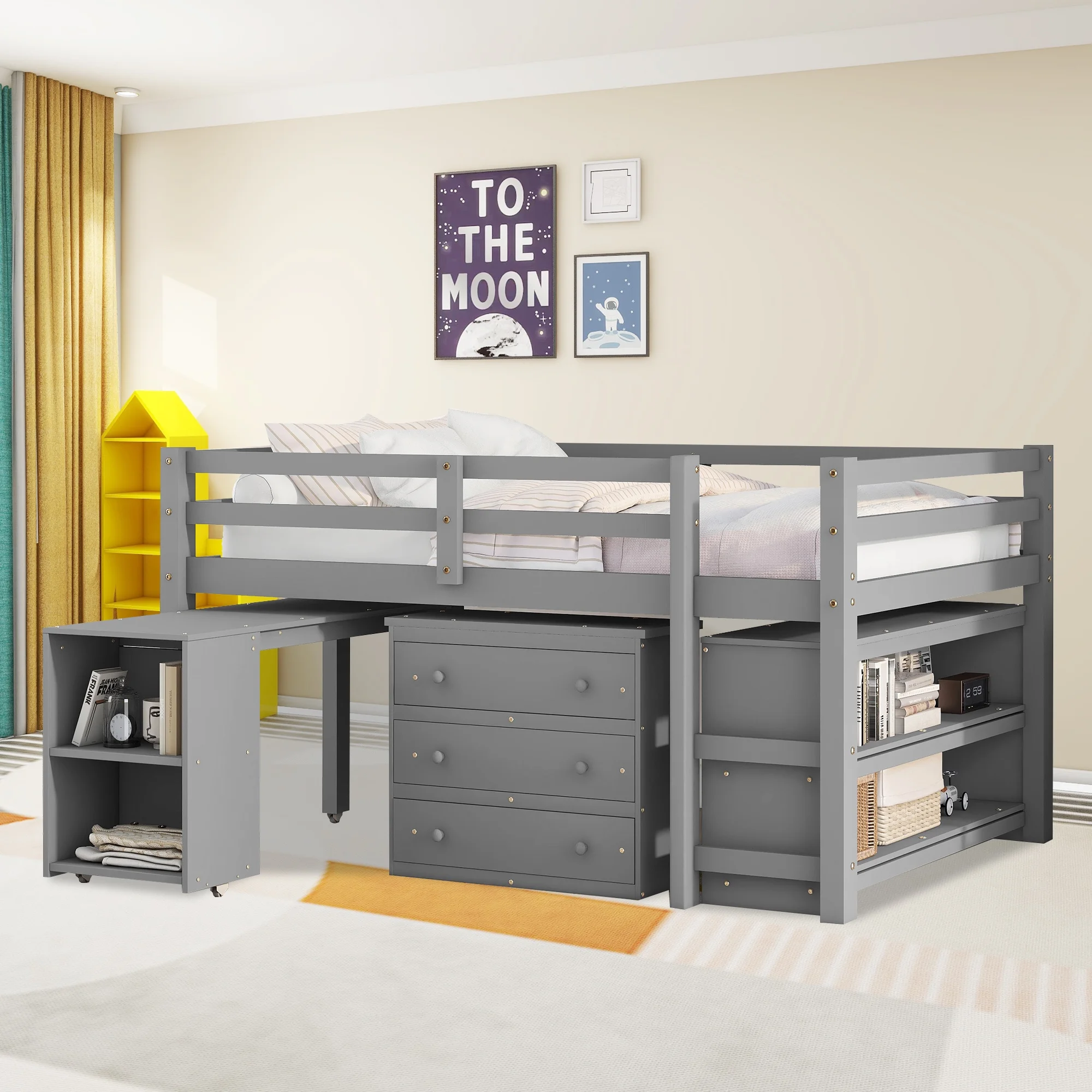Solid Wood Full-Size Low Loft Bed Frame with Ladder for Kids Bunk, Cabinet + Desk, Gray