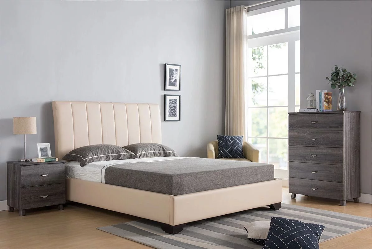 FC Design Queen Size Platform Bed with Channel Tufted Headboard in Cream PU Finish