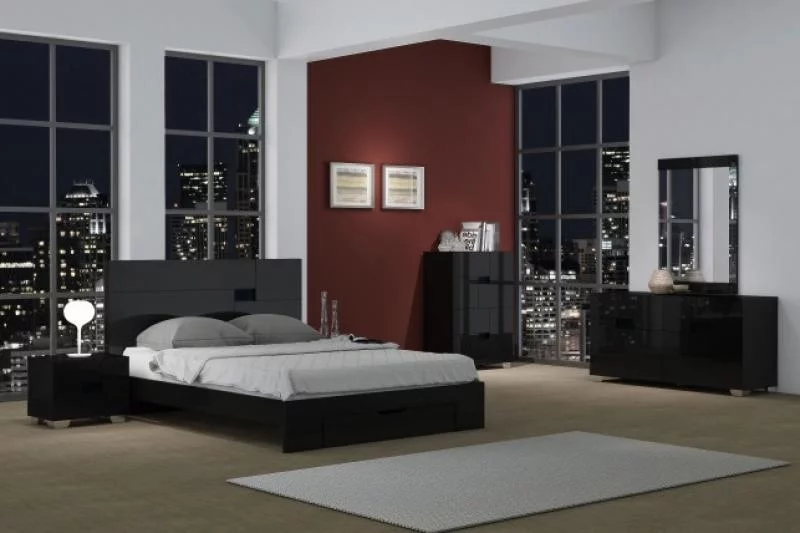 High Gloss Finish Cal King Bedroom Set 4 Pcs Modern Global United Aria Black
