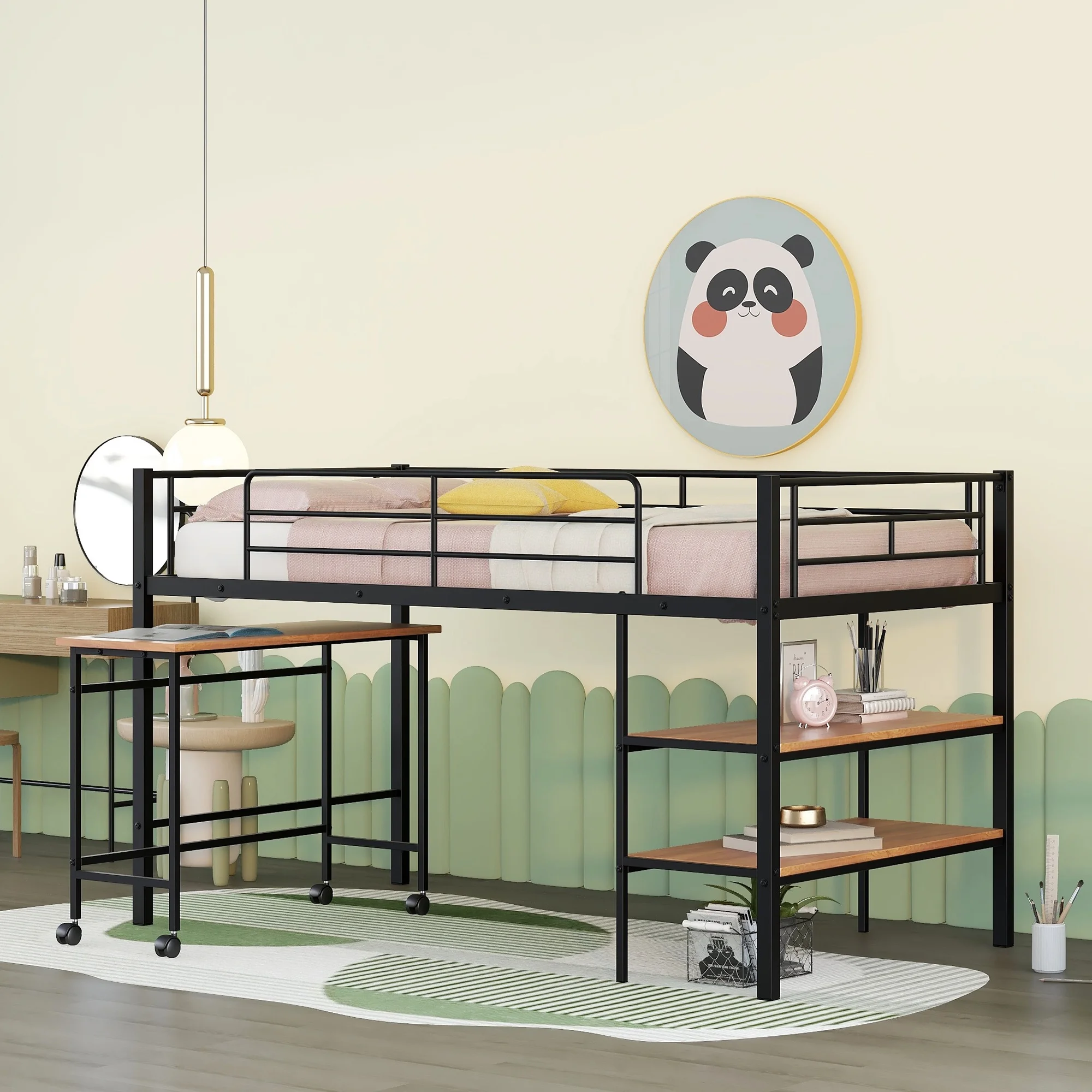 Gewnee Twin Size Metal Loft Bed with Desk and Shelving for Kids,Teens,Black