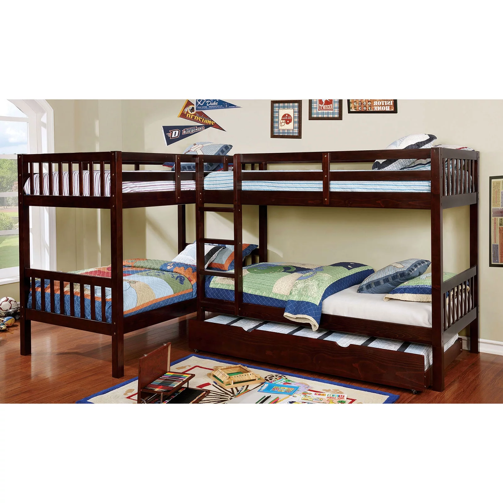 Contemporary Modern Youth Kids Bedroom L-shaped Quadruple Twin Bunk Beds w Ladder Dark Walnut Solidwood Furniture