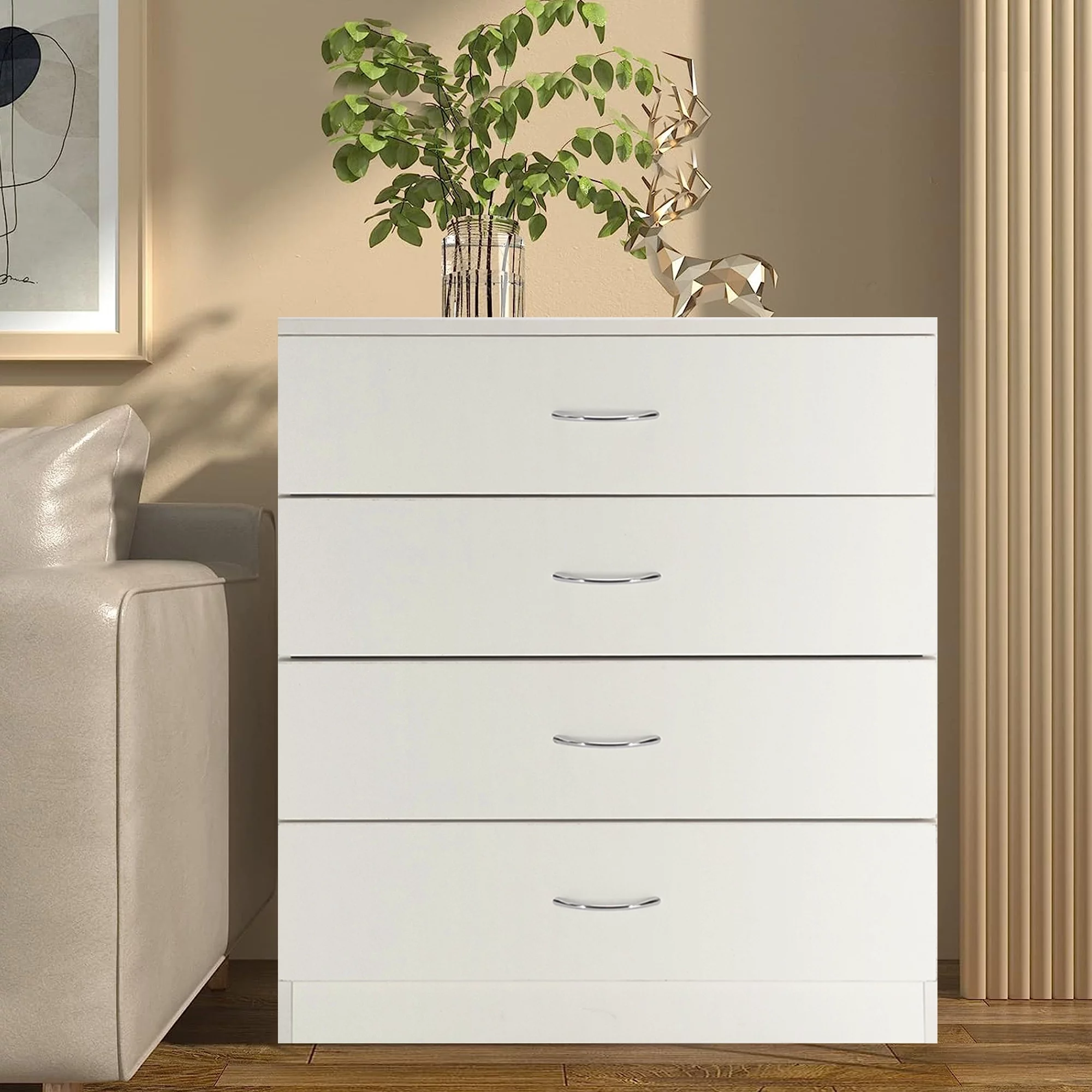 Seizeen 4-Drawer Dresser, White Simple Chest of Drawer for Bedroom, Office File Cabinet Under Desk Storage Drawer, Bedside Nightstand as Side Table