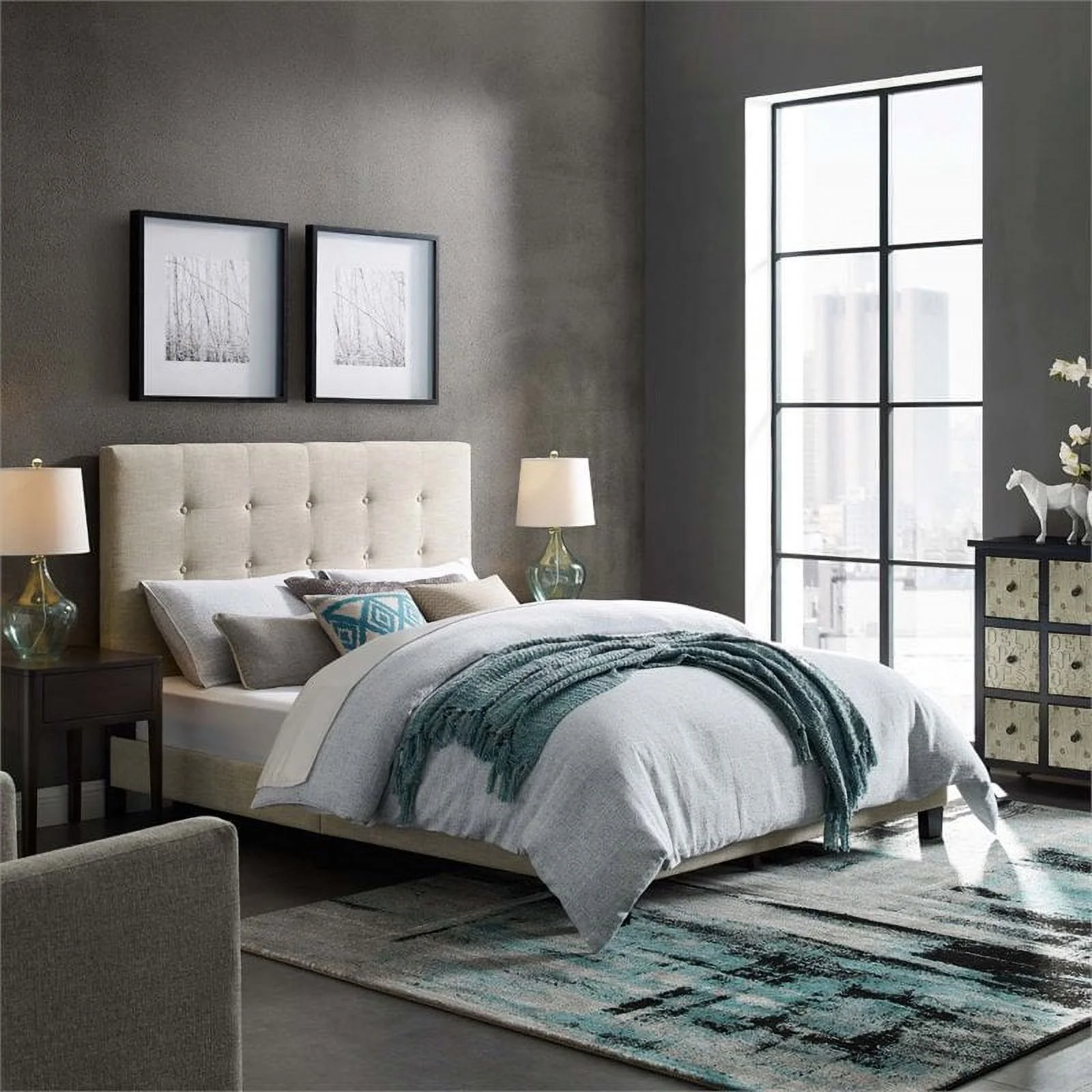 Hawthorne Collections Button Tufted Upholstered Queen Platform Bed in Beige