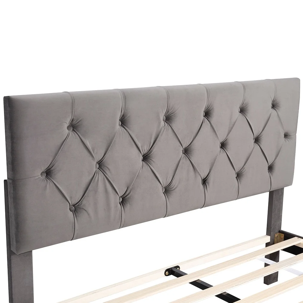 Queen Size Velvet Upholstered Platform Bed with a Big Drawer Grey