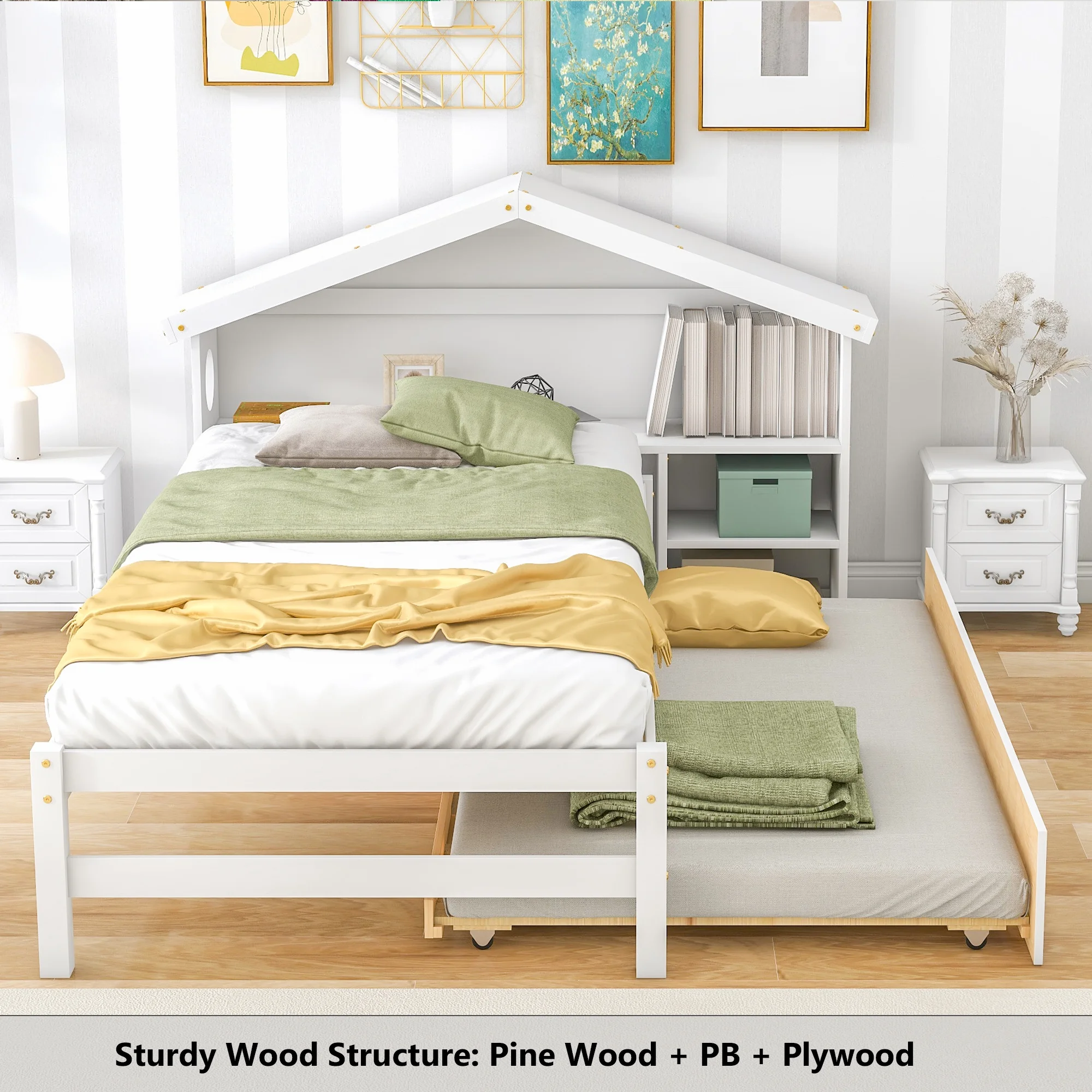 Bellemave Twin Size Wood Platform Bed with House-shaped Headboard Twin Storage House Bed with Trundle and Built-in Bedside Table for Kids, Teens, No Box Spring Needed, White