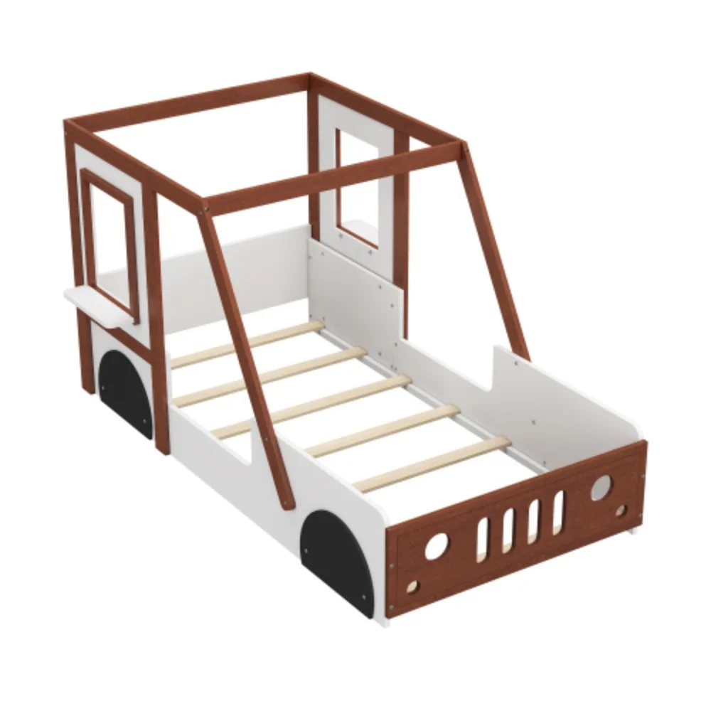 Fun Play Design Twin Size Car Bed, Kids Platform Bed in Car-Shaped for Kids Boys Girls Teens,White+ Orange Orange + Solid Wood+MDF