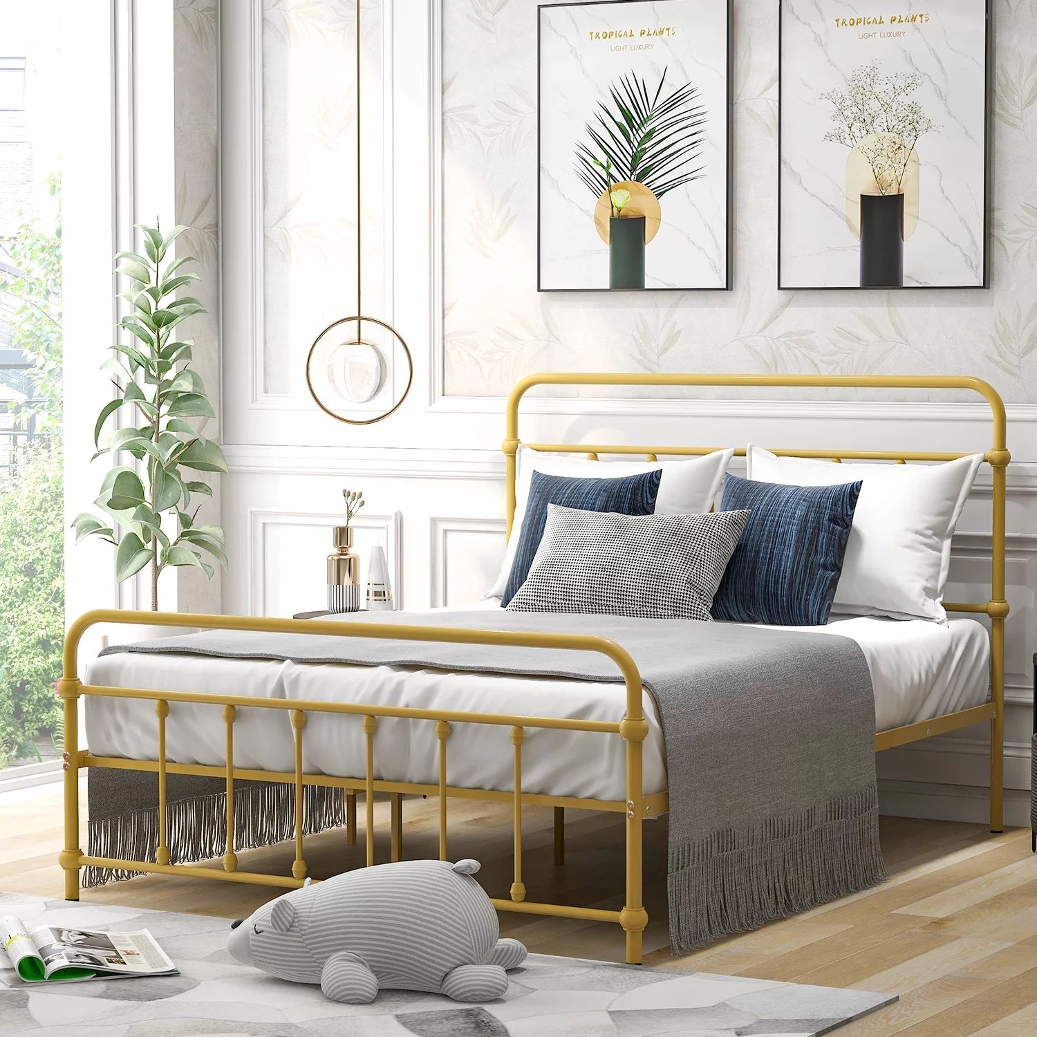 Full Size Metal Platform Bed with Headboard and Footboard, Iron Bed Frame for Bedroom, No Box Spring Needed ,Yellow