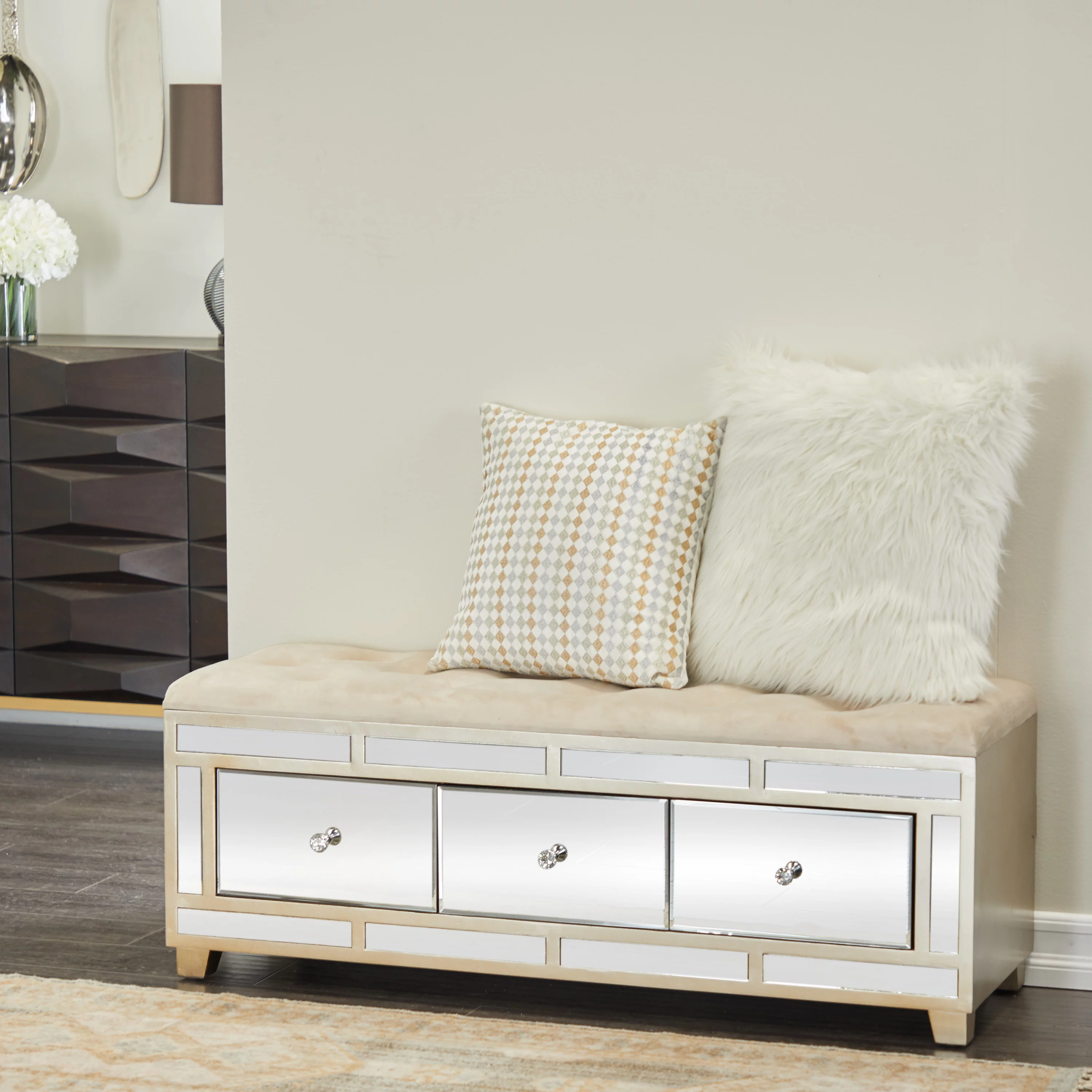 DecMode Wood Mirrored 3 Drawer Bench with Upholstered Seat, Cream