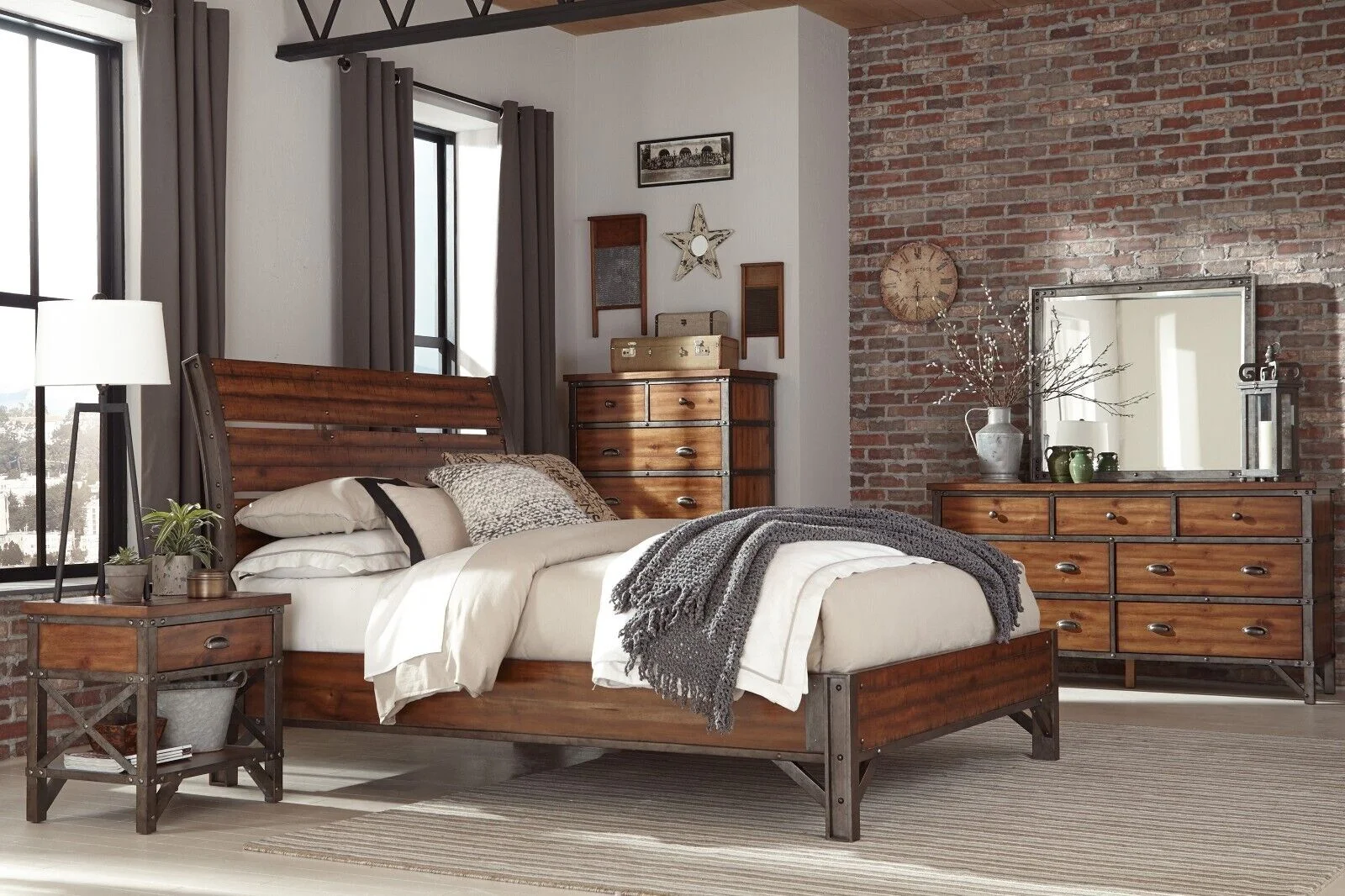 Unique Style Rustic Brown 4pc Bedroom Set Queen Size Platform Bed Nightstand Dresser Mirror Gunmetal Finish Wooden Furniture