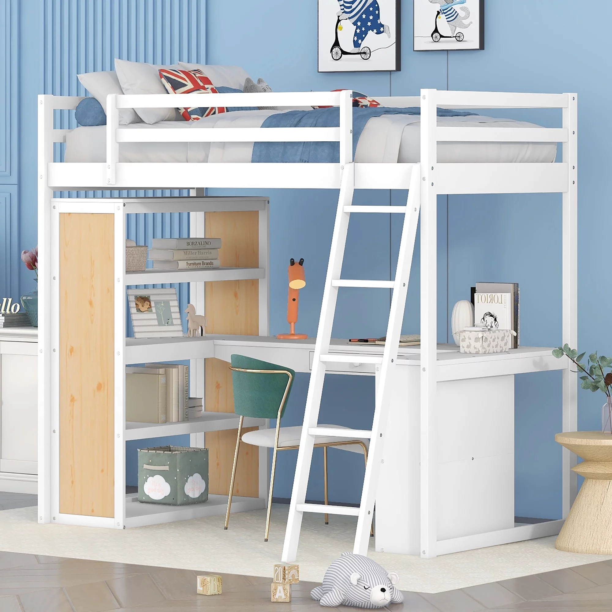 CoSoTower Twin Size Loft Bed with Ladder, Shelves, and Desk, White