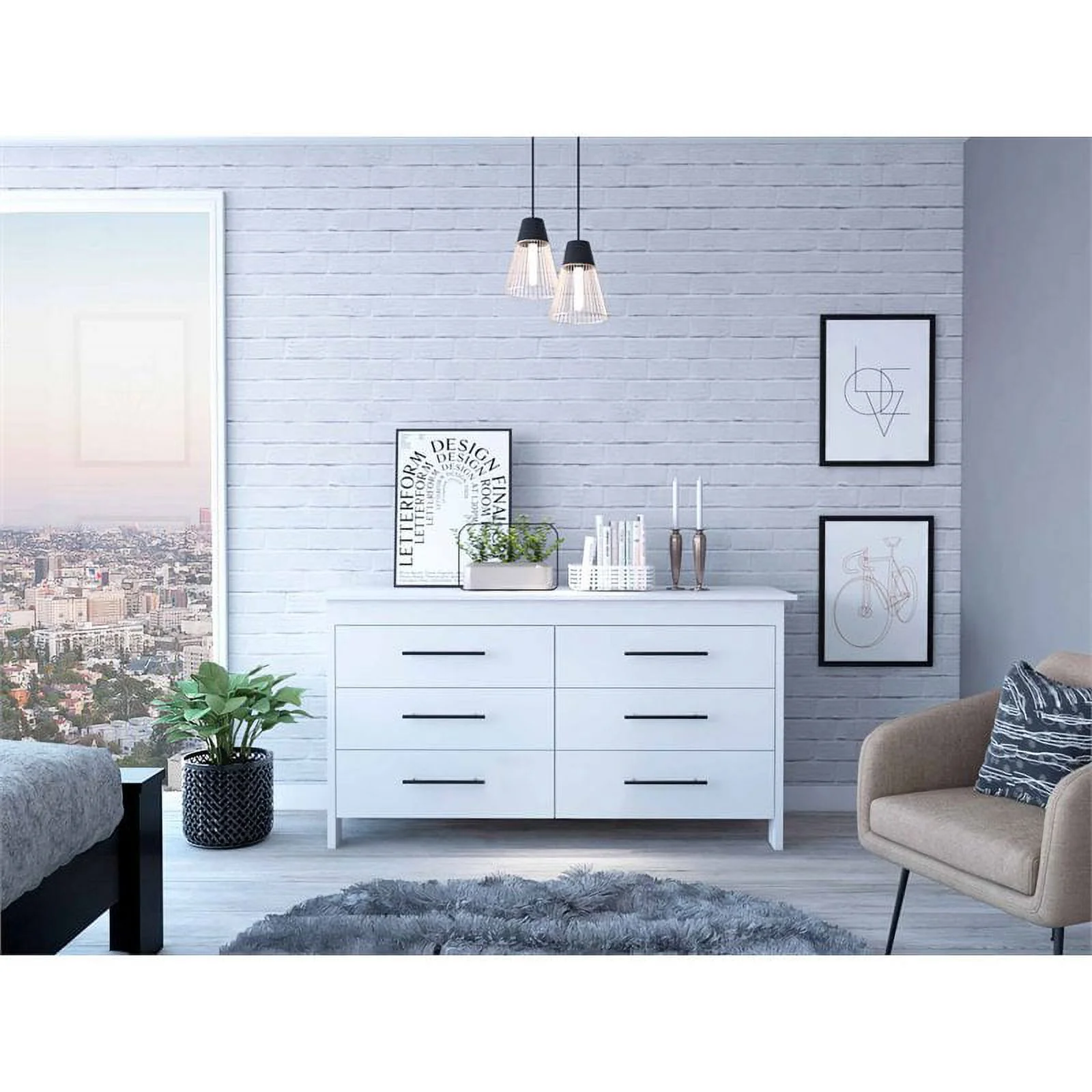 Atlin Designs Modern Wood Bedroom Double Dresser with 6-Drawer in White