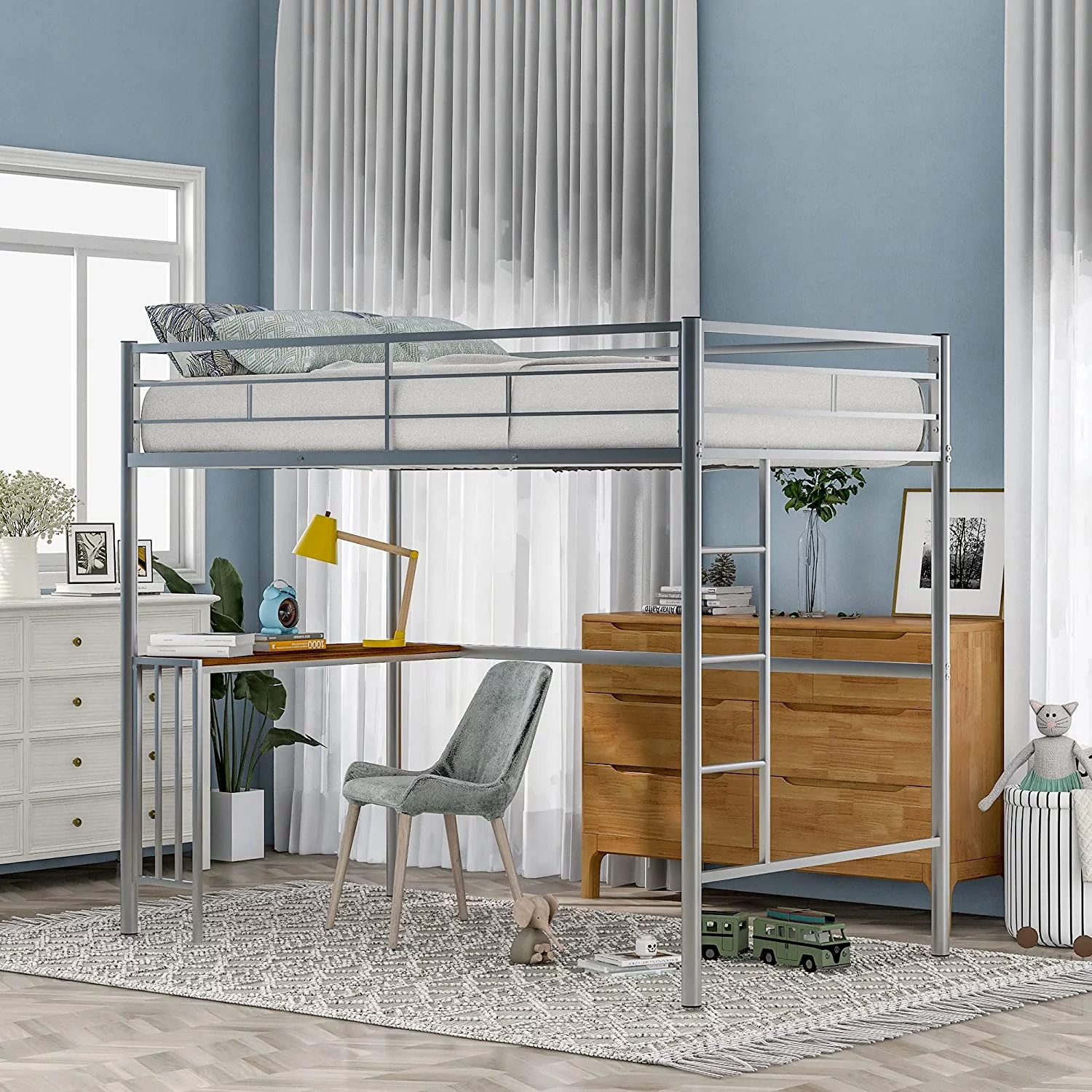 Metal Buk Bed With Desk, Ladder Ad Guardrails, Loft Bed For Bedroom, Silver
