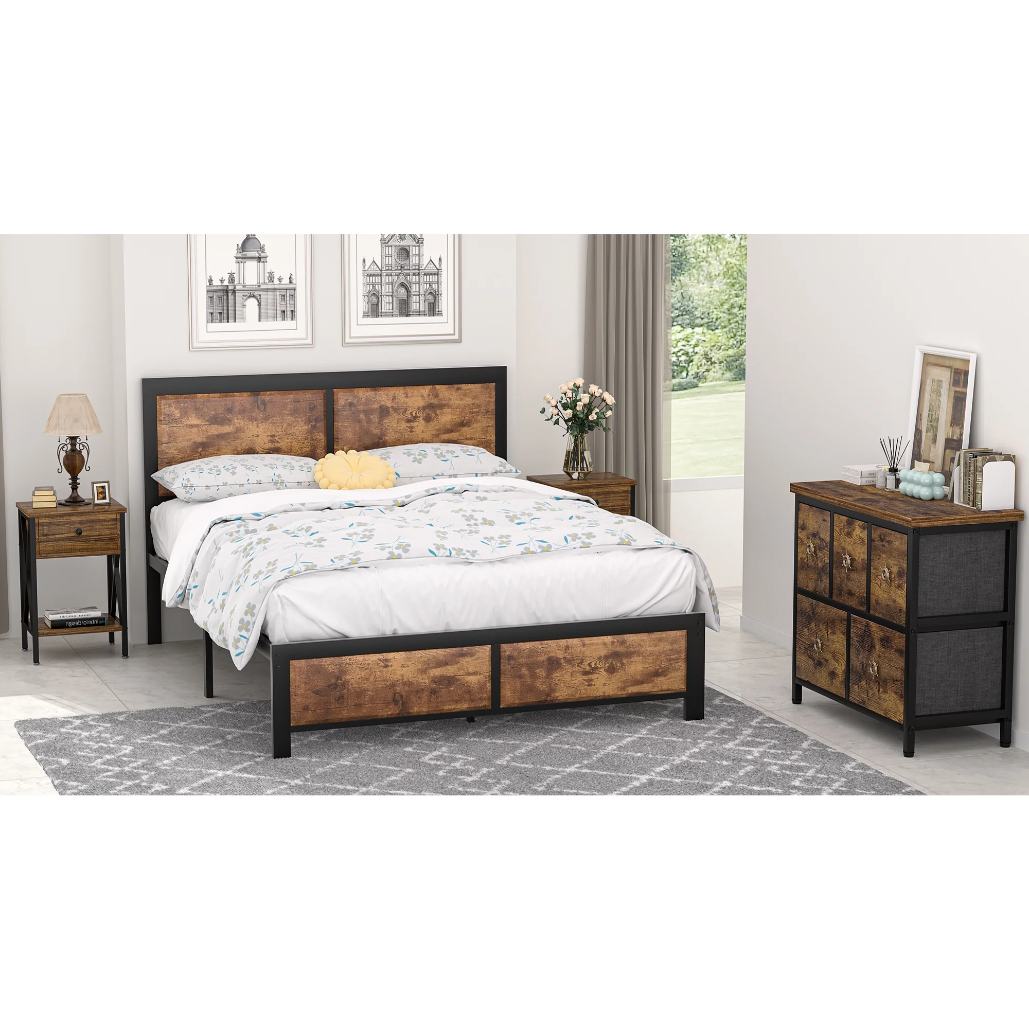 VECELO 4-Piece Bedroom Set with Full Size Platform Bed Frame & 5-Drawer Dresser & Two Nightstands, Brown