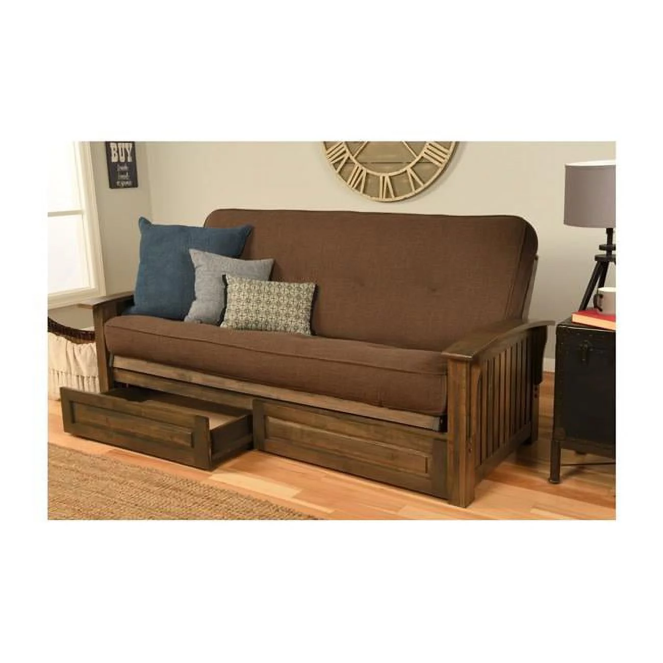 Washington Rustic Walnut Futon Frame with Linen Cocoa Mattress & Storage Drawers - Full Size