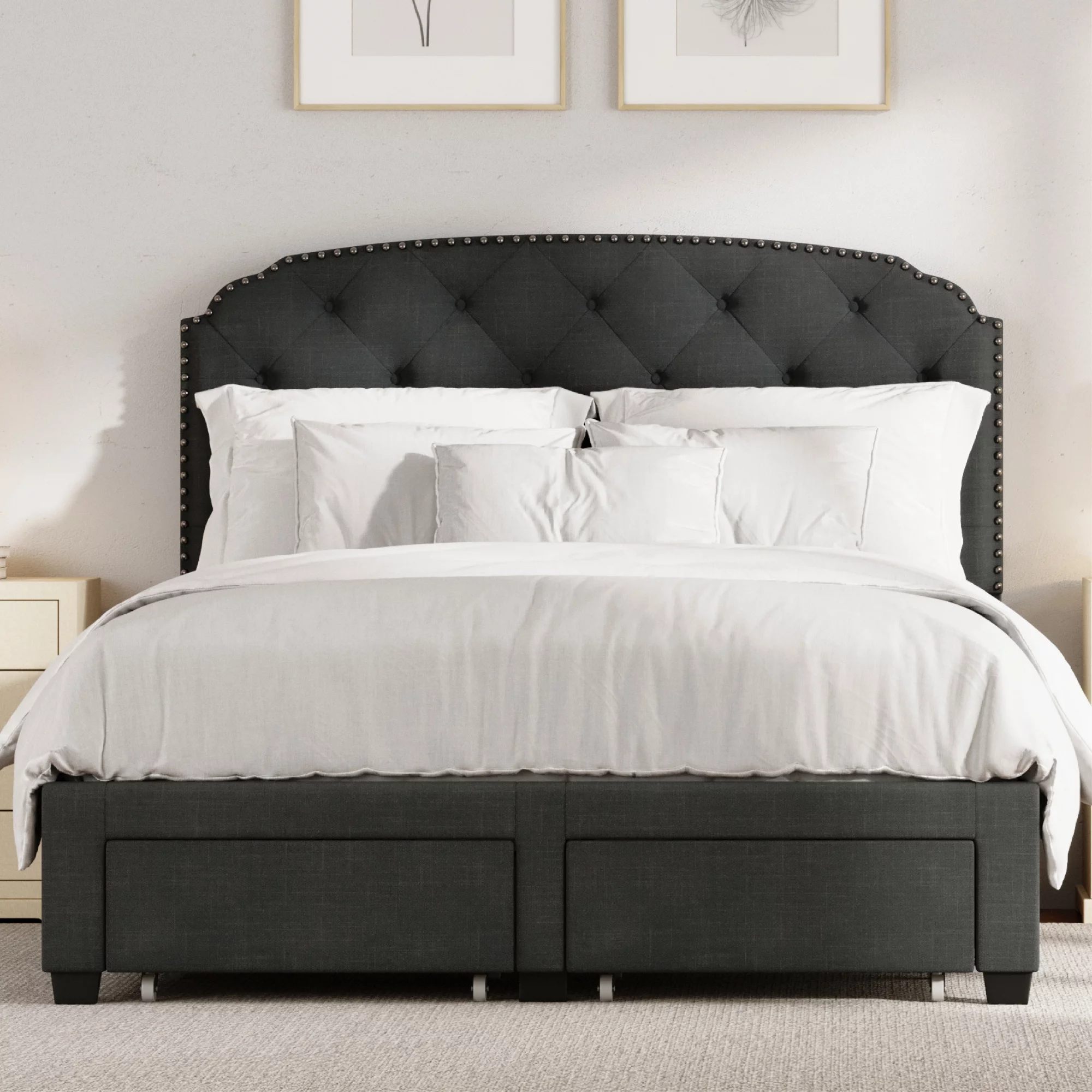 DG Casa Argo Tufted Upholstered Panel Bed Frame with Storage Drawers and Nailhead Trim Headboard, Queen Size Storage Bed in Charcoal Linen Style Fabric