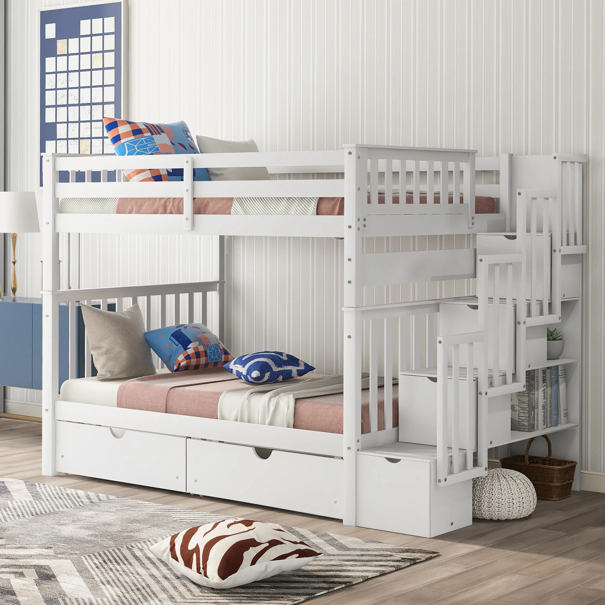 Dreamscape Twin Over Twin Bunk Bed with Built-in Shelves and Ample Storage, Snow White
