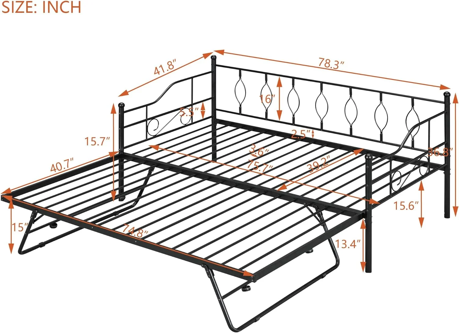 Metal Size Daybed With Size Adjustable Trundle, Portable Folding Trundle, Black