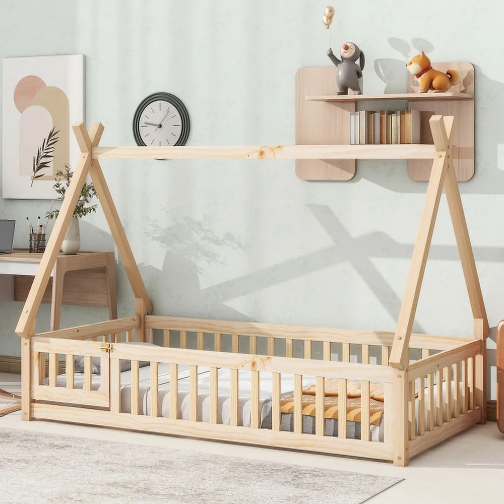 Twin Tent-Shaped Floor Bed, With Guardrails, Slats, Door ,Natural