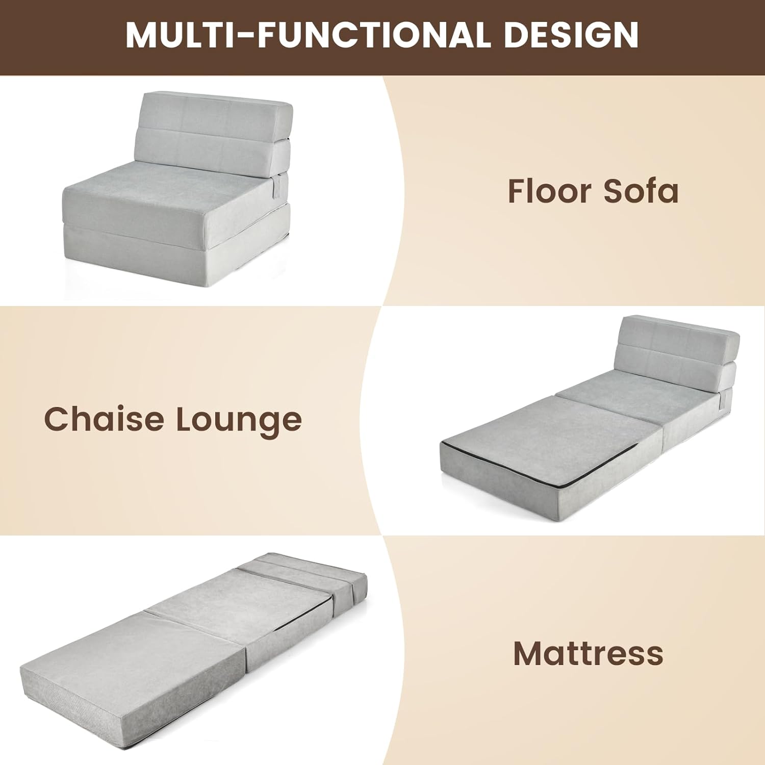 Folding Sofa Bed Chair - 3-in-1 Convertible Couch Sleeper, Floor Futon Couch w/Removable Cover & Full Padded Foam, Fabric Guest Sleeper Chair for Living Room, Study, Apartment (Grey)