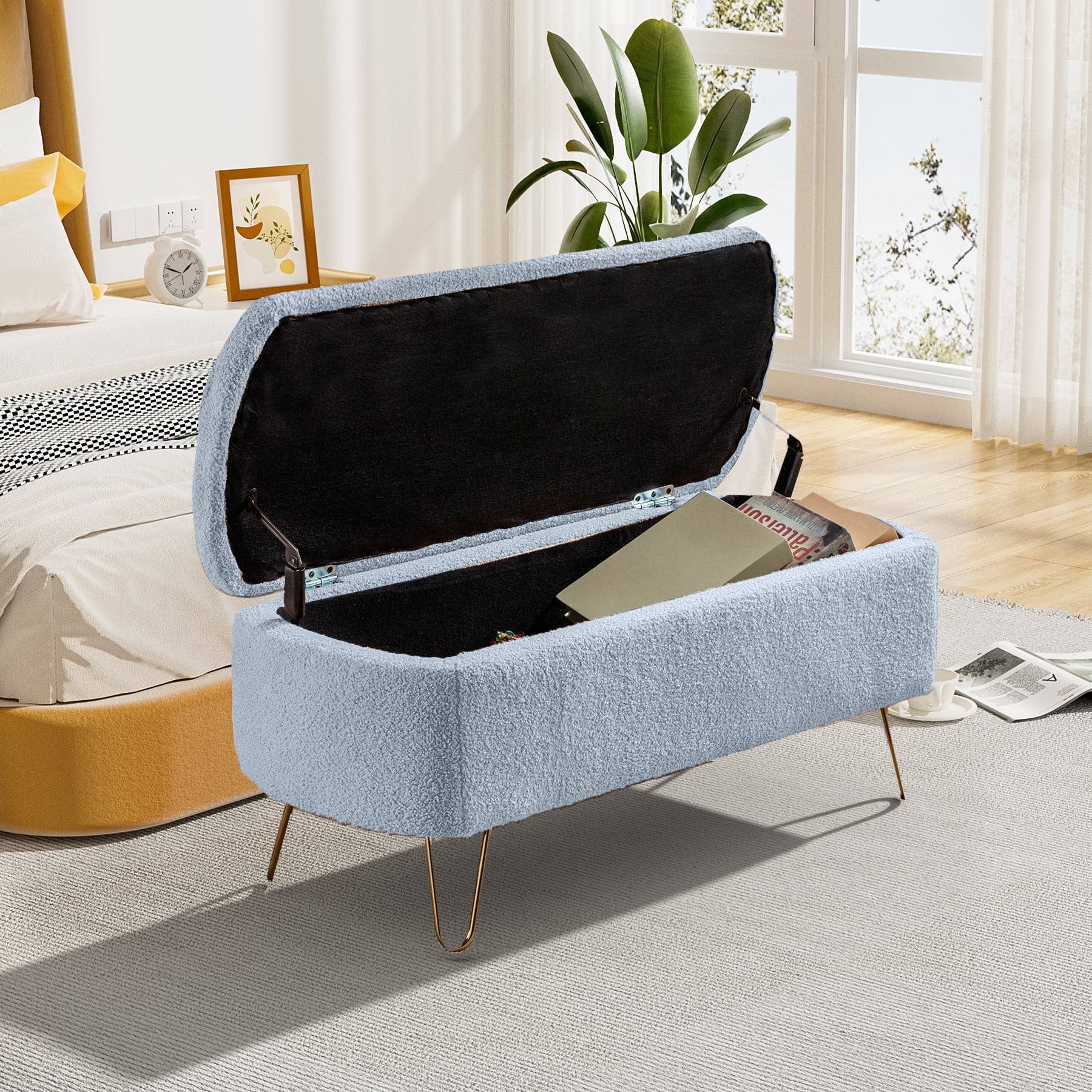 Rophefx Upholstered Storage Bench with Gold Metal Legs, Teddy Fabric End of Bed Bench, Storage Ottoman for Entryway Bedroom