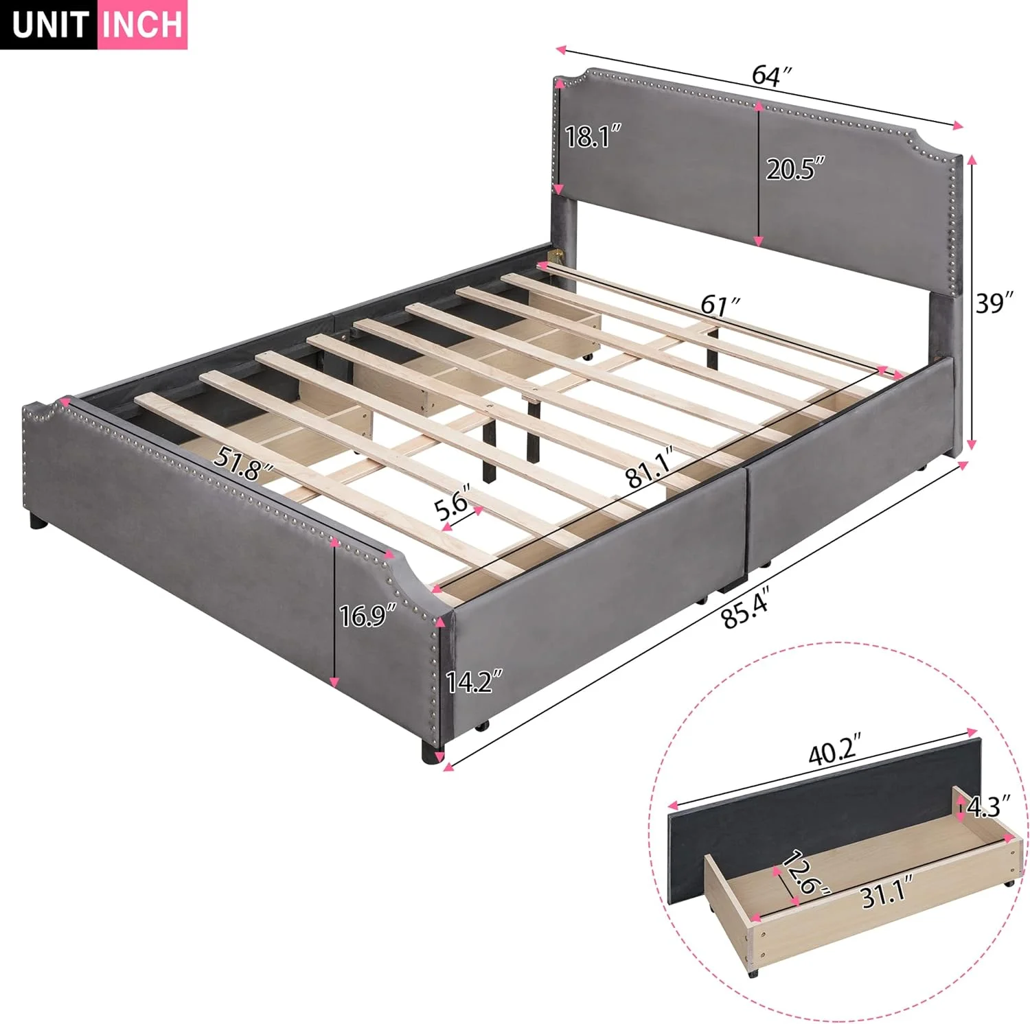 Quee Size Plaform Bed Upholsered Plaform Beds Wih 4 Sorage Drawer & Sud rim Headboard Ad Fooboard Plaform Bed Frame Wih Velve Fabric For Bedroom o Box Sprig eeded (Grey)