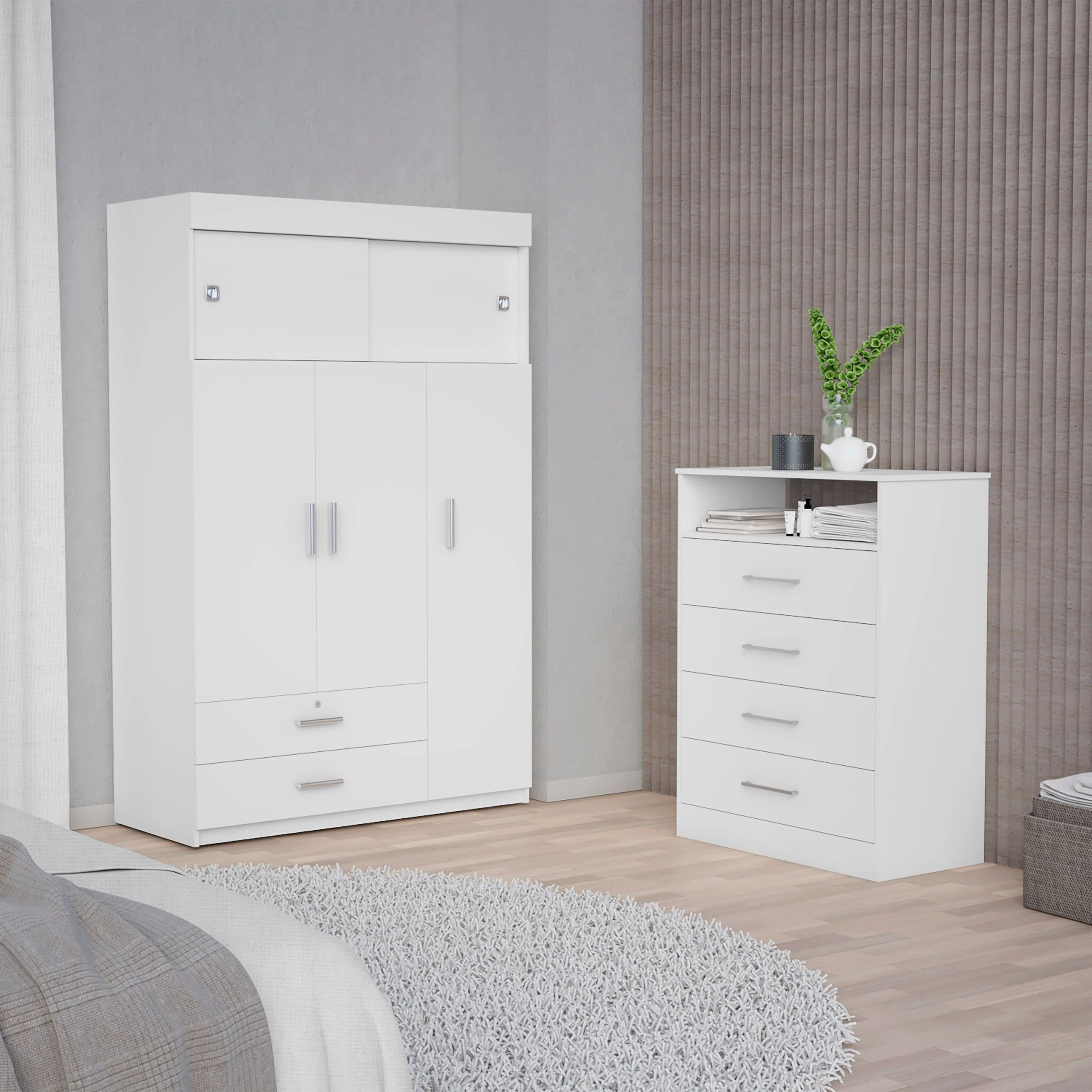 FM Furniture Omaha 2-Piece Bedroom Set with Armoire and 4-Drawer Dresser, White