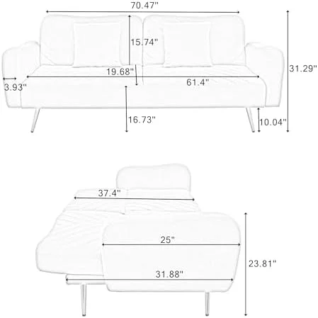 RUNFAYBIU Futon Sofa Bed  Modern Convertible Sleeper Couch for Living Room  Splitback Loveseat Sofas with 2 Pillows  Upholstered Futon Couch for Bedroom Office  70Inches (Grey)