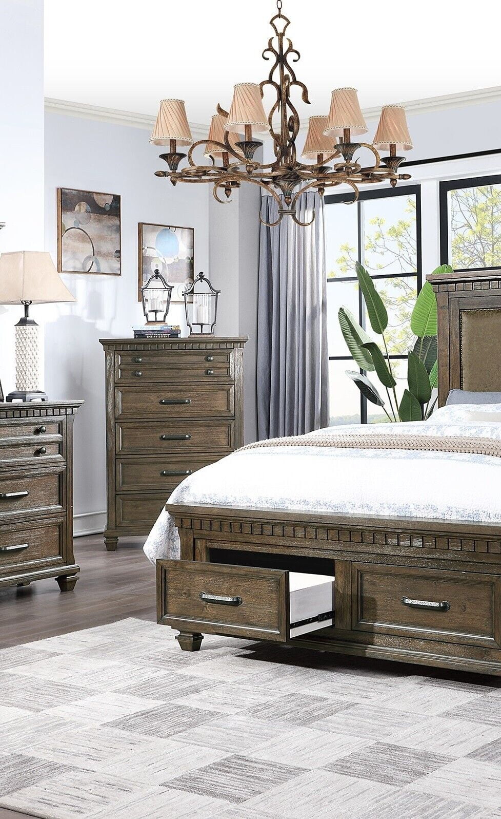 Upholstered Fabric Headboard Wooden Bedroom Furniture Traditional Queen Size Bed 6pc Set Dresser Mirror Nightstands Chest