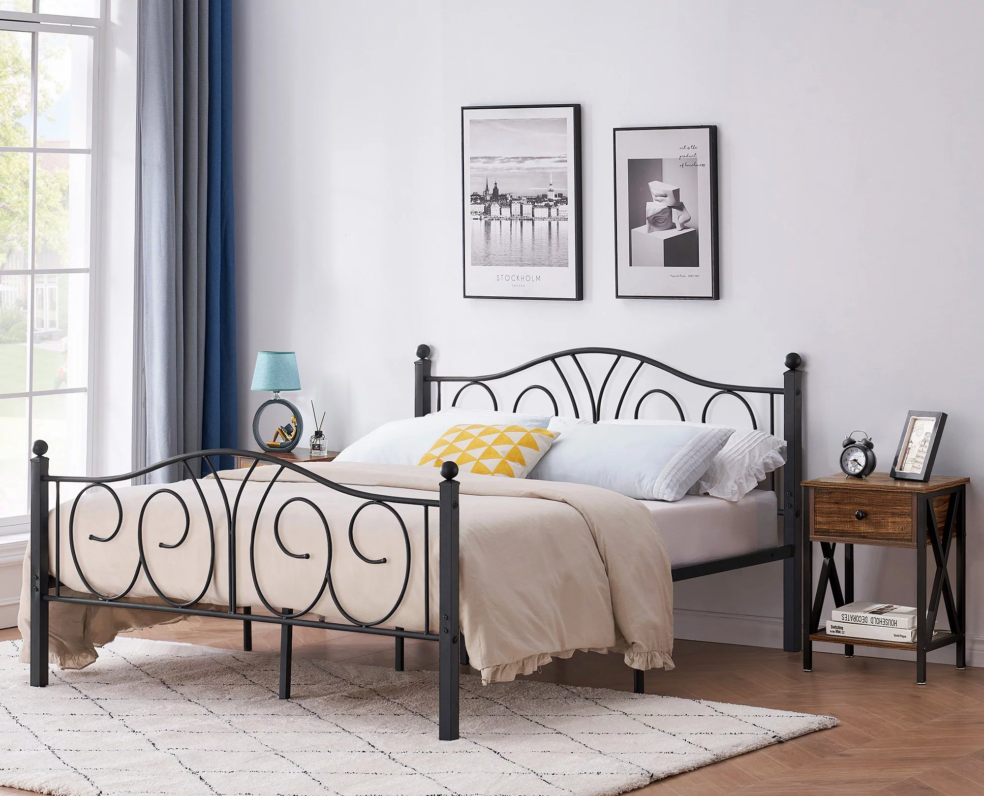 3-Piece Bedroom Sets, Queen Size Metal Bed Frame and 2 Brown Nightstands