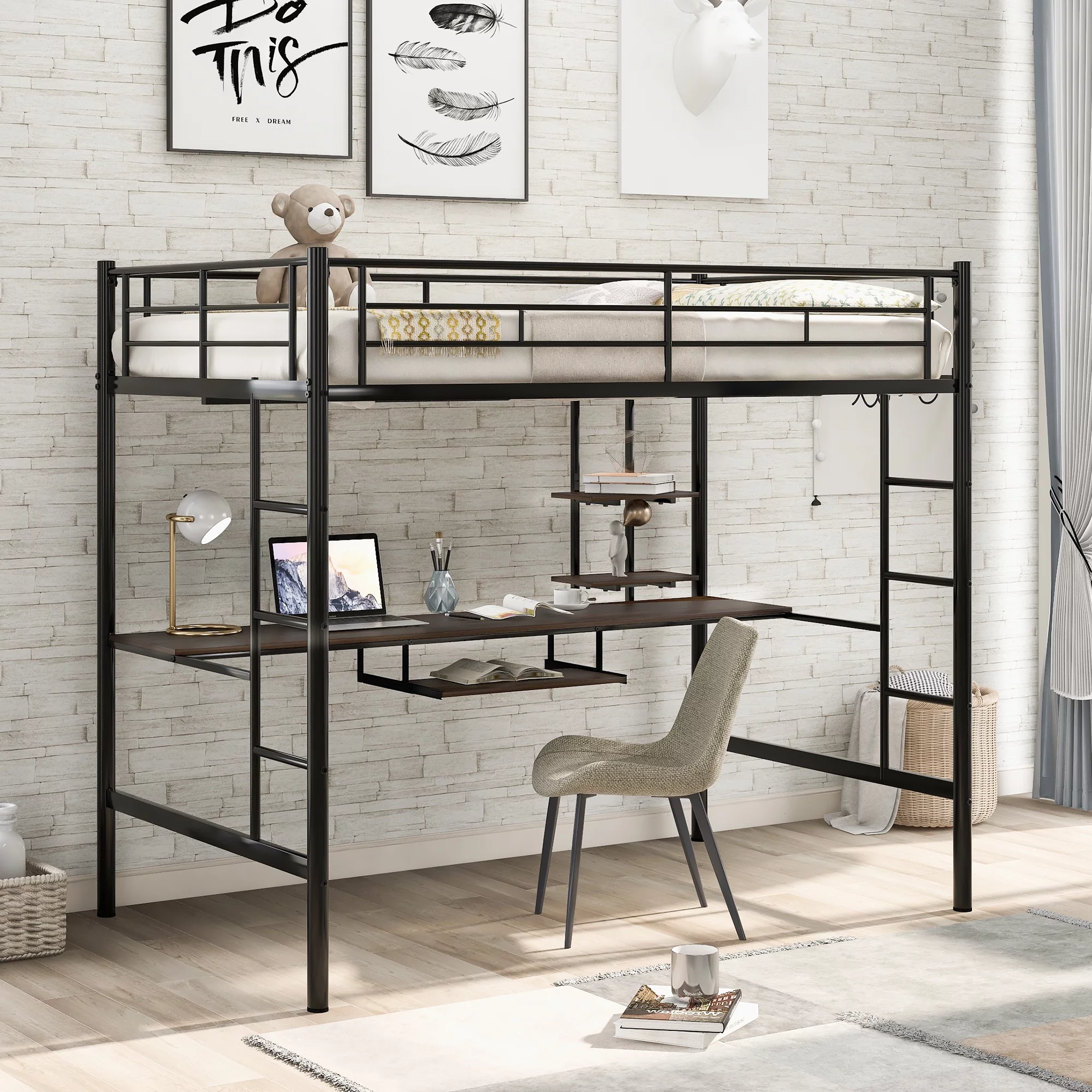 Loft Full Bed with Keyboard Tray Single Bunk Bed with 2 Shelves and one Desk Space-Saving Bunkbed High Sleeper Multipurpose Use