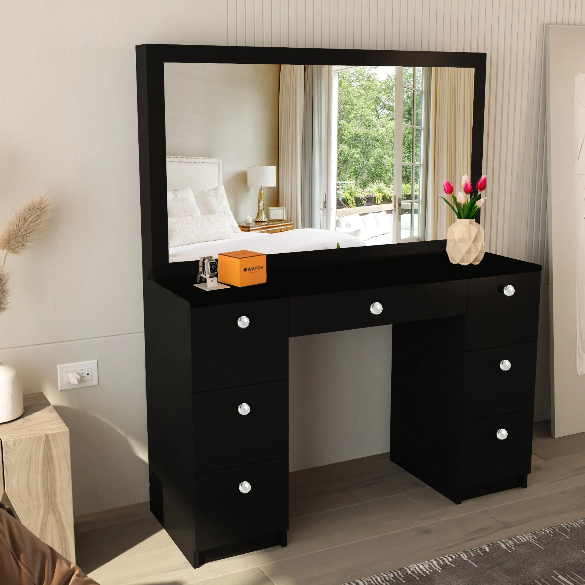 Boahaus Artemisia Modern Black Painted Makeup Vanity Table with Crystal Ball Knobs, for Bedroom