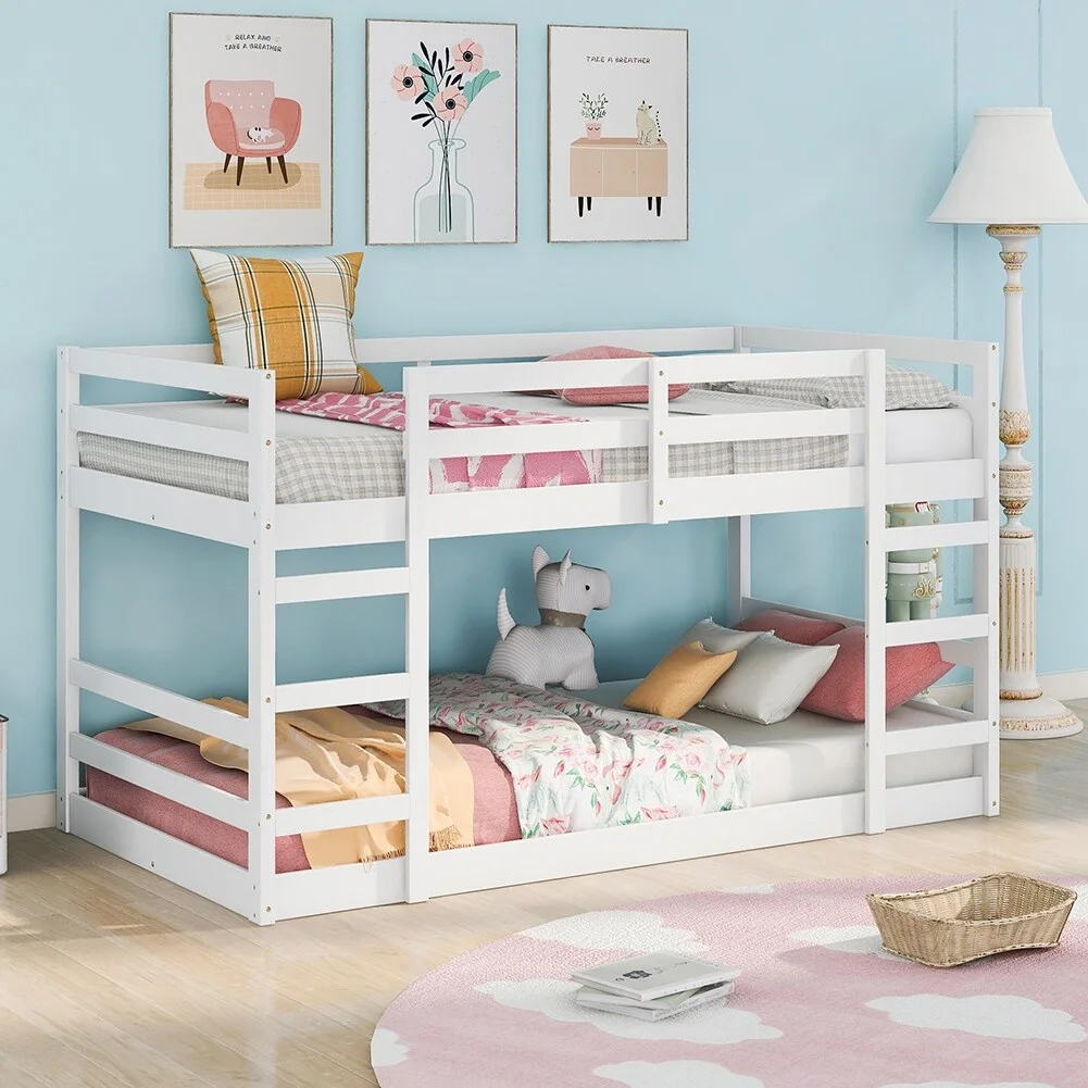 Twin Over Twin Bunk Bed with Ladders and Full-length Guardrail White