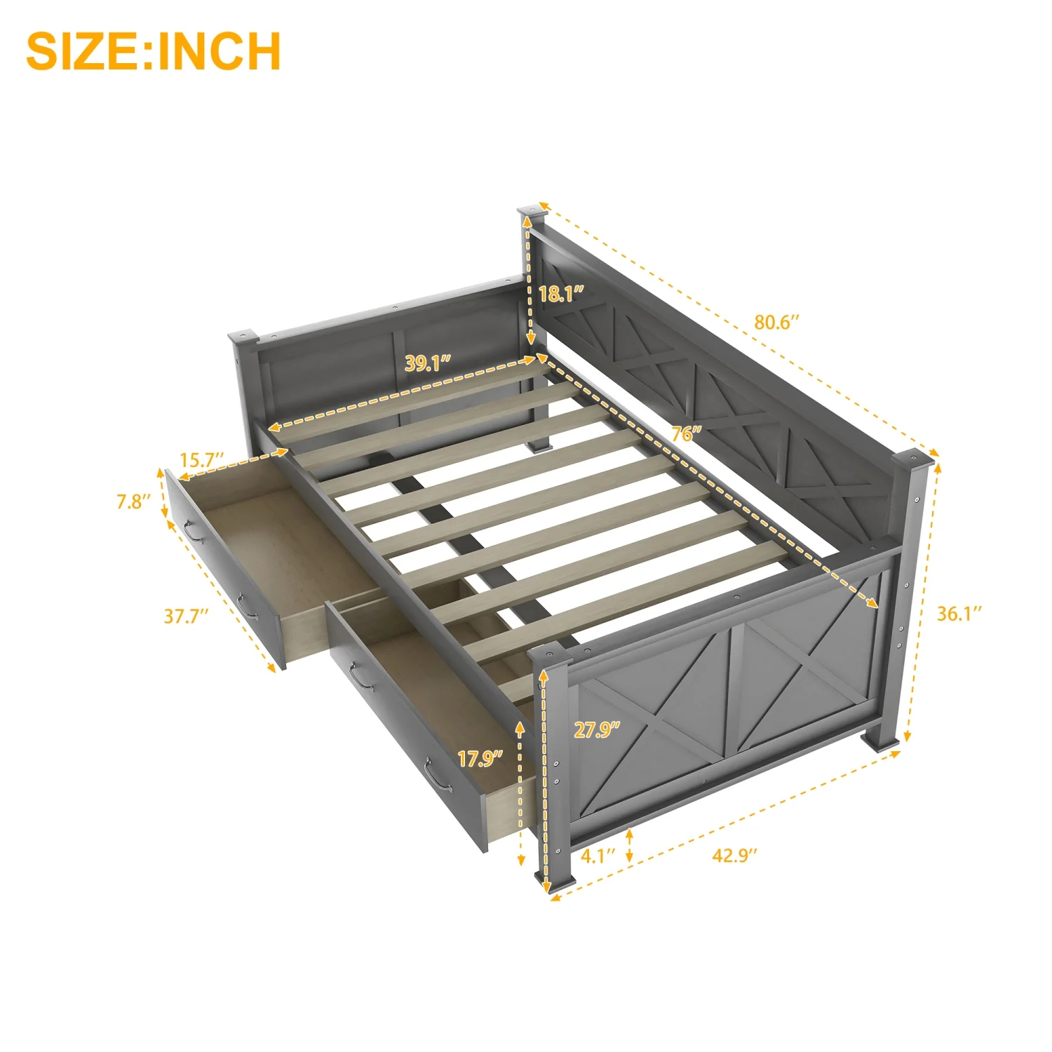 Churanty Wooden Twin Daybed with 2 Storage Drawers,Modern and Rustic Casual Style Daybed Frame for Bedroom Living Room Guest Room, Gray