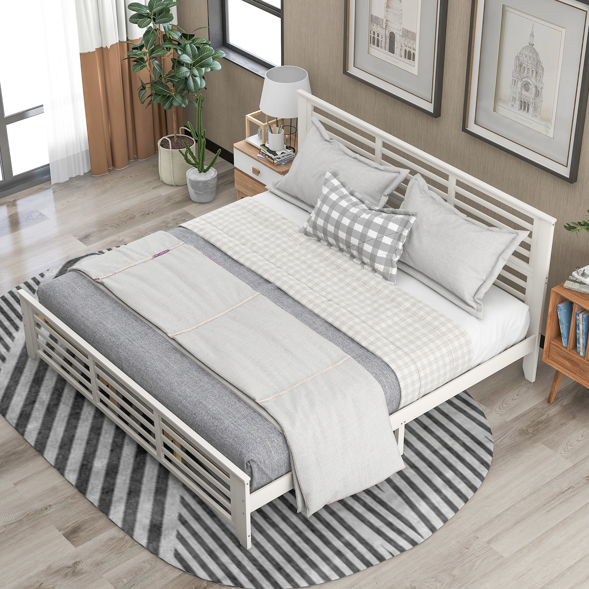 Nestfair White King Platform Bed with Horizontal Strip Hollow Shape