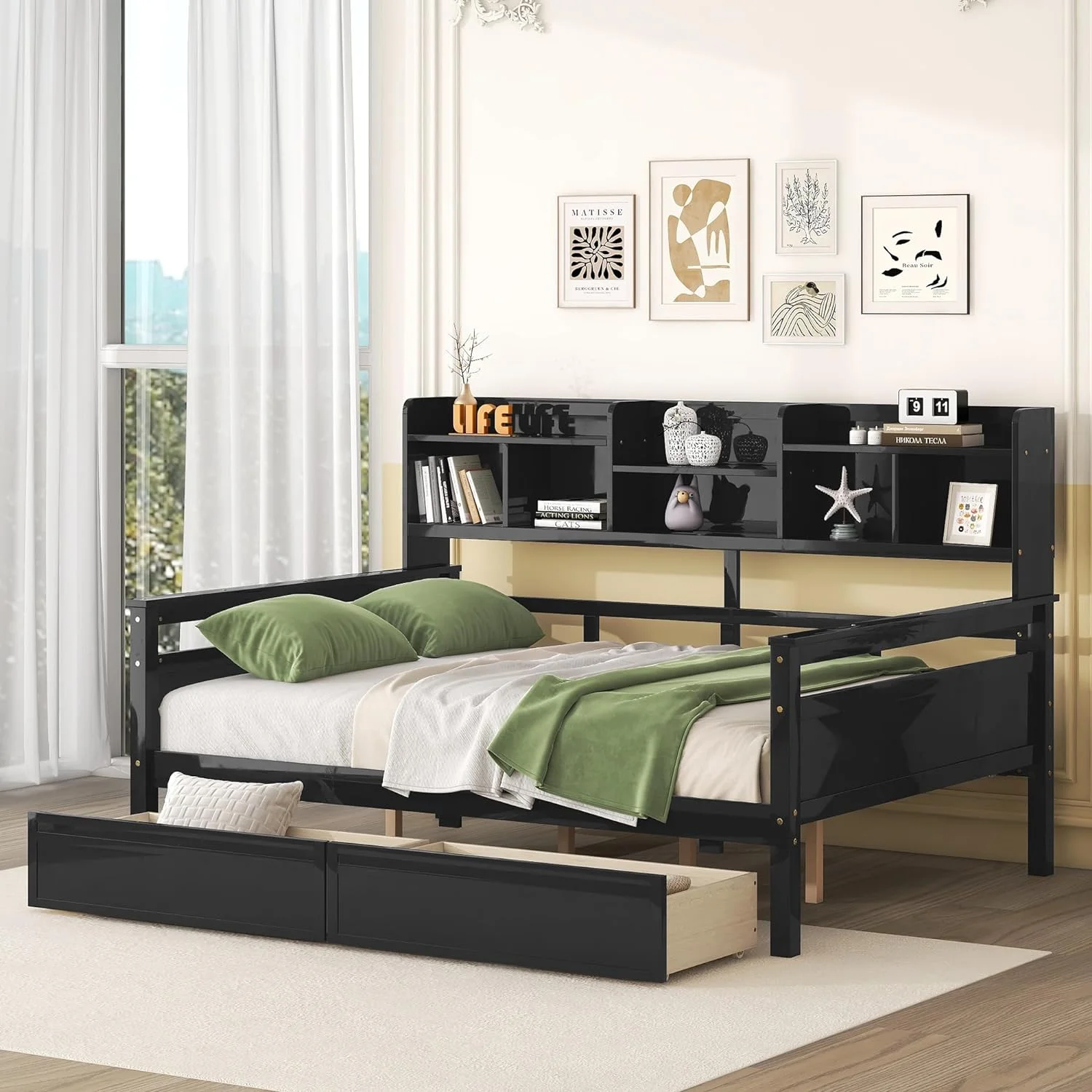 Full Size Daybed Wih Bookcase Ad Drawers, Wood Daybed Wih Sorage Headboard, Full Daybed Frame Wih Slas Suppor For Kids ees Aduls, Espresso