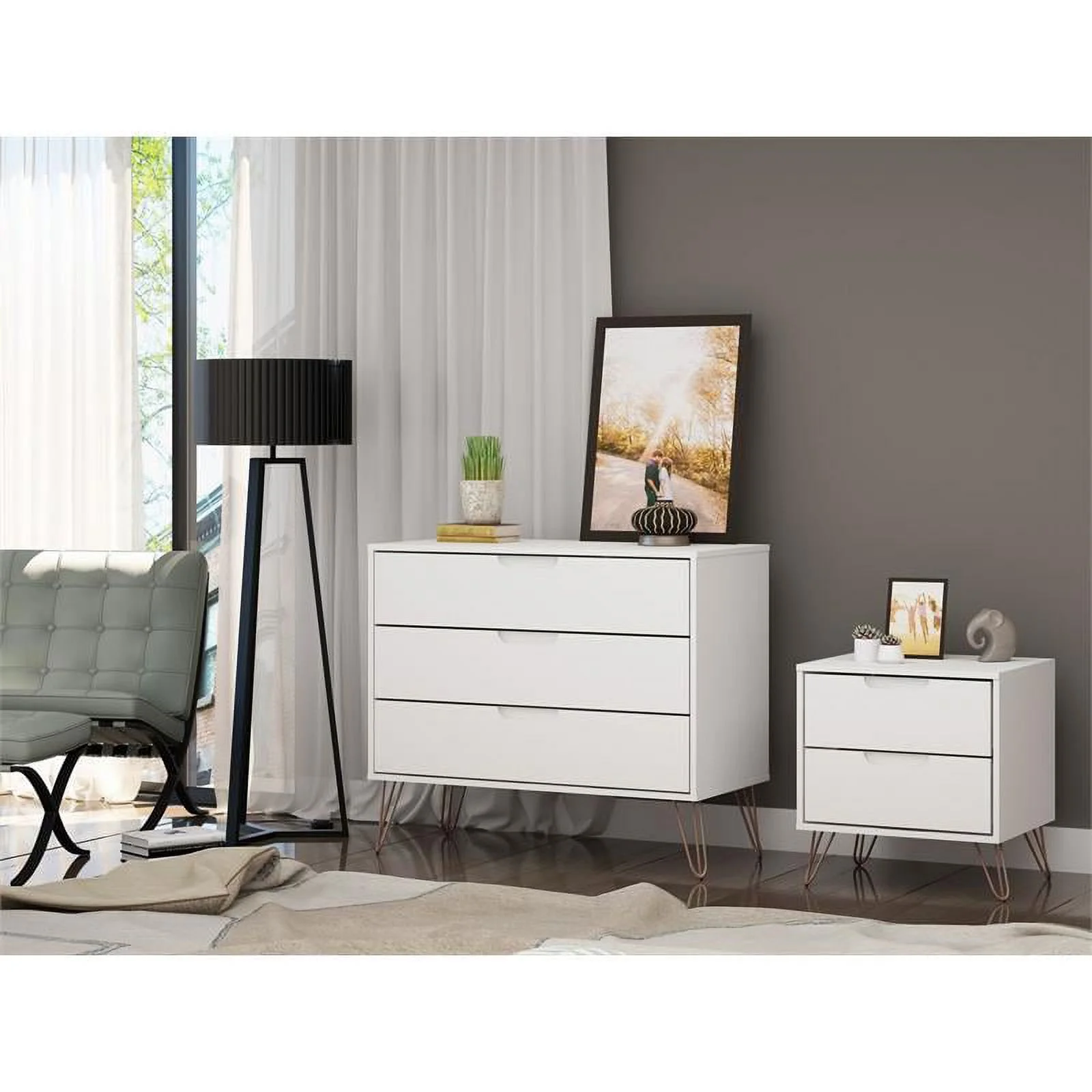 Pemberly Row 3 & 2-Drawer Mid-Century Wood Dresser and Nightstand in White