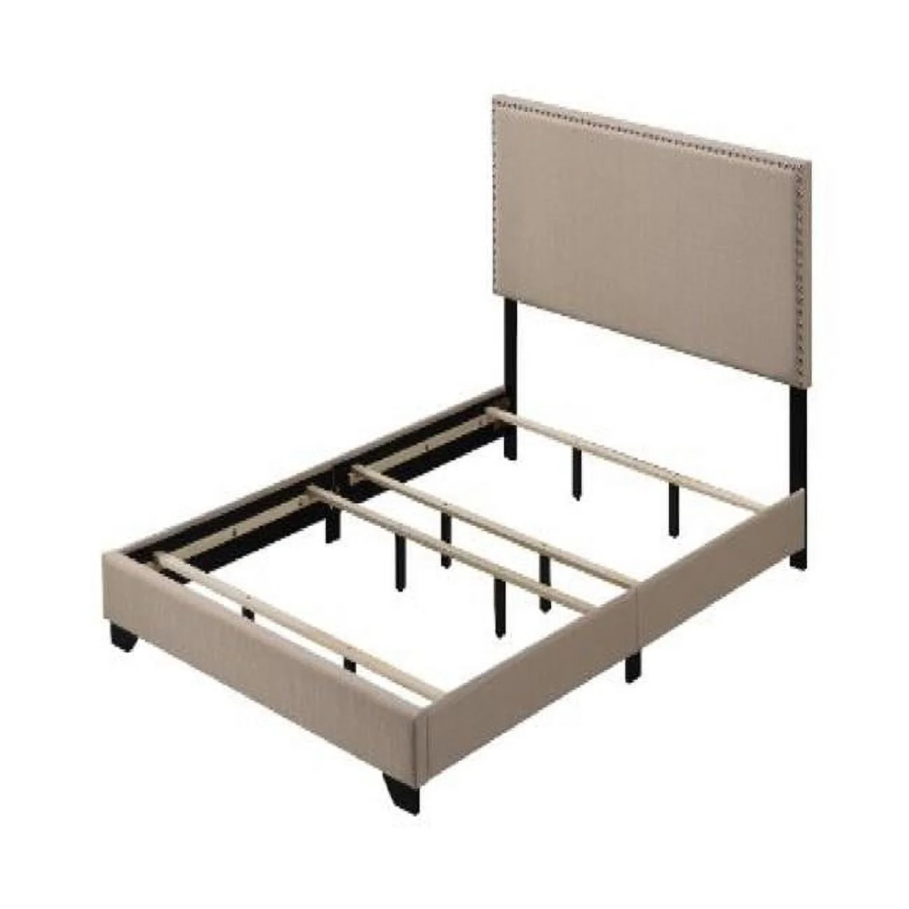 Queen Size Bed with Fabric Upholstery & Nailhead Accent, Beige