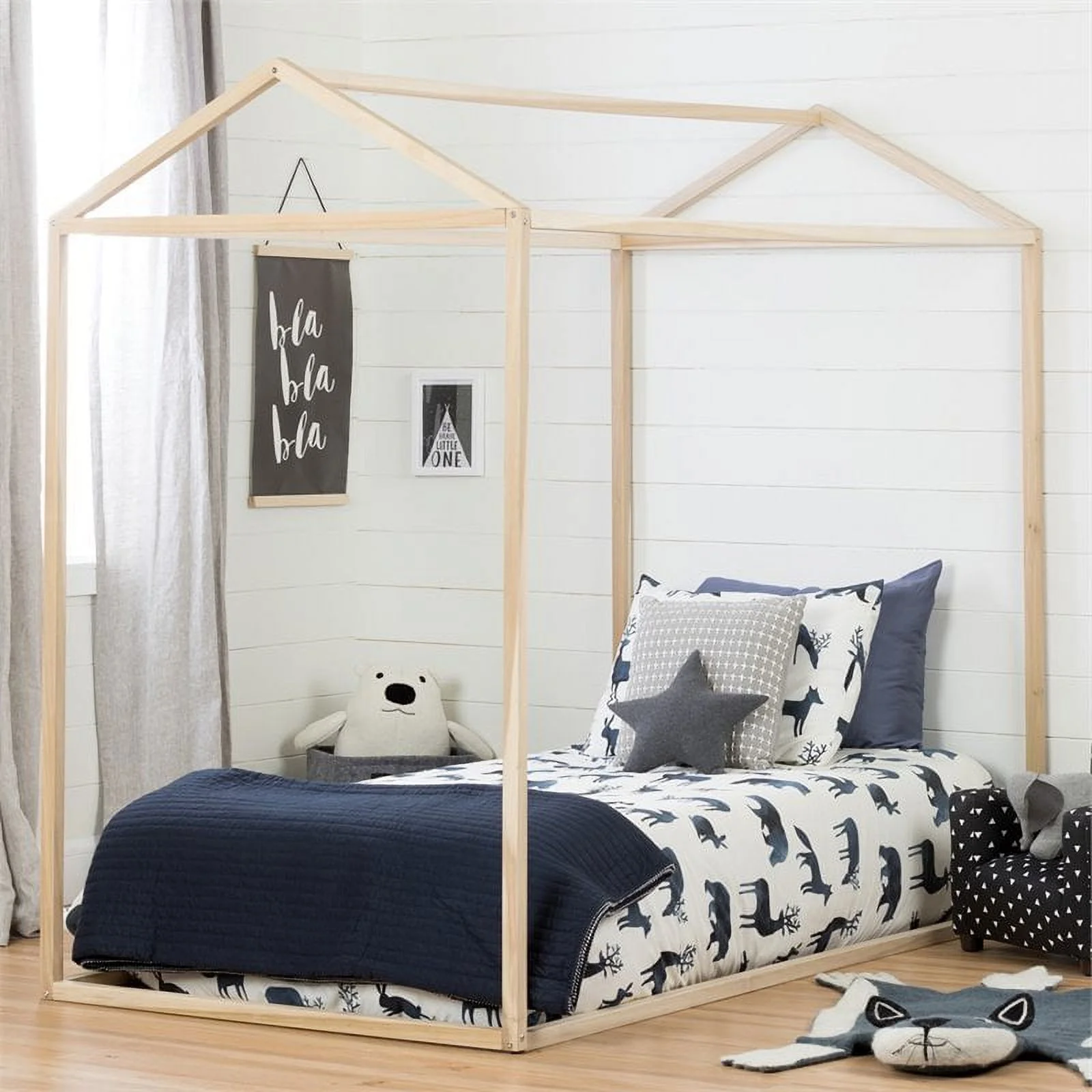 Rosebery Kids Modern Twin Canopy Bed Frame in Natural Poplar