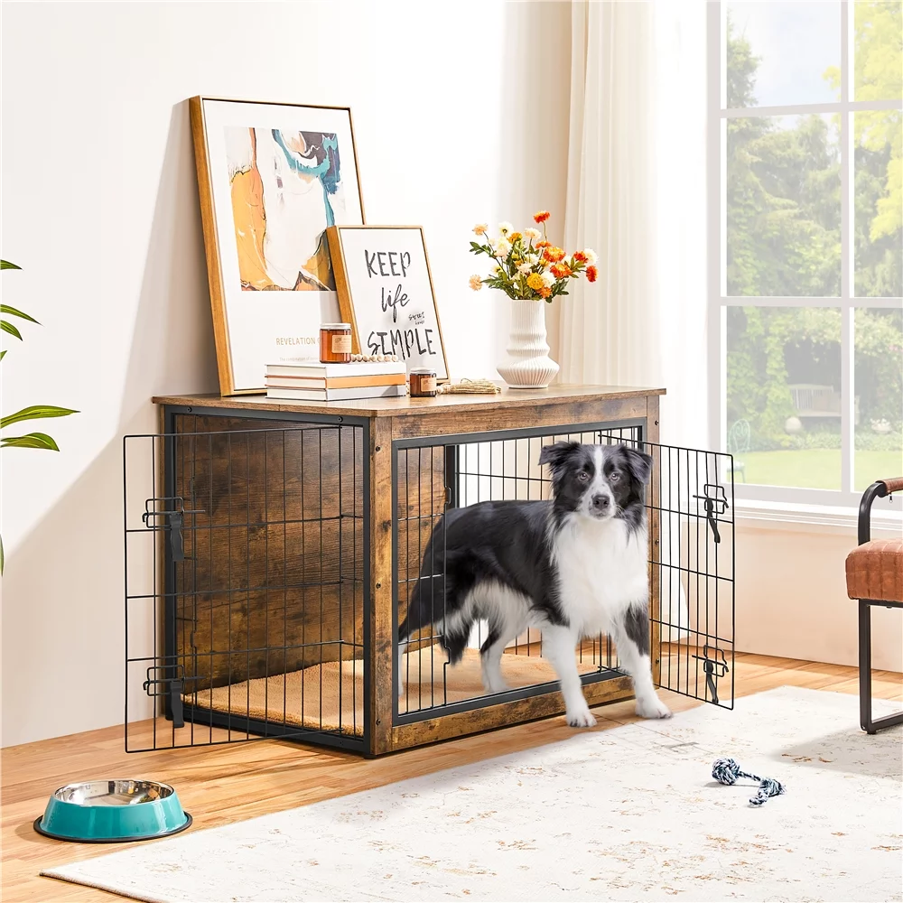SmileMart 40″ W Rustic Industrial Wooden Dog Crate with Anti-skid Plush Mat, Rustic Brown